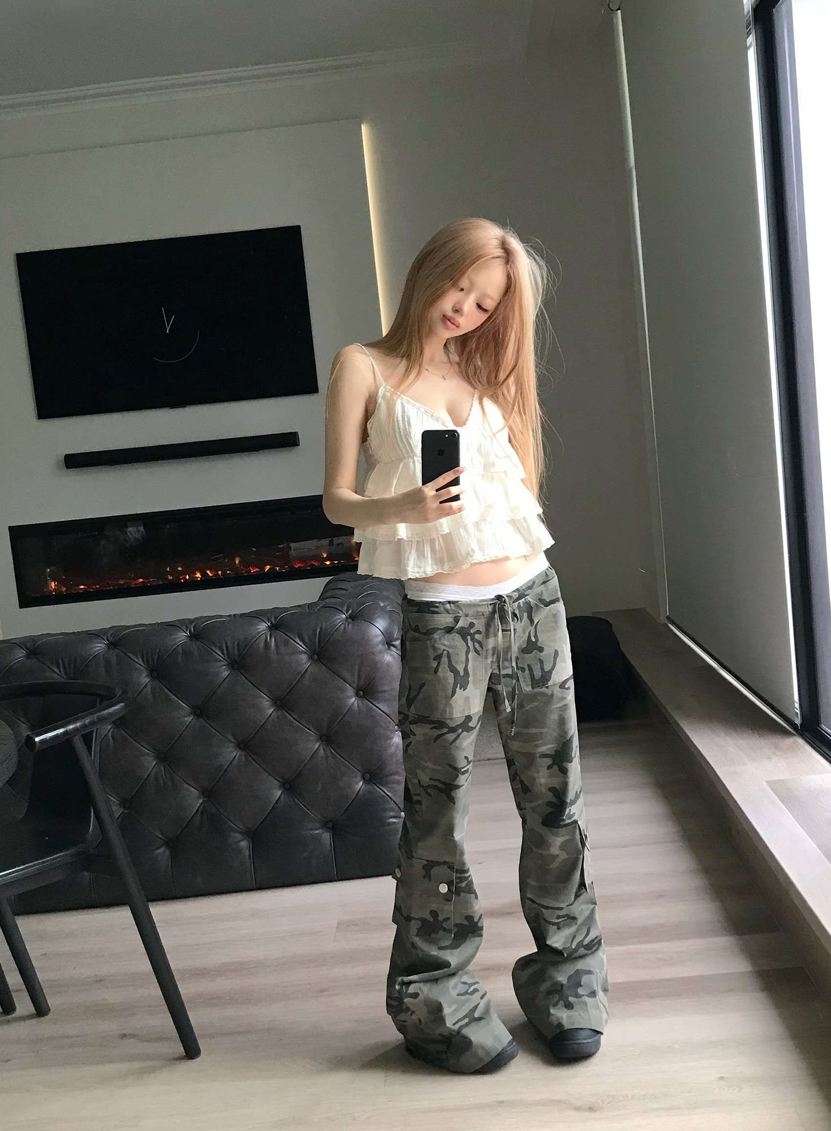 Camo Low-Rise Flare Cargo Pants