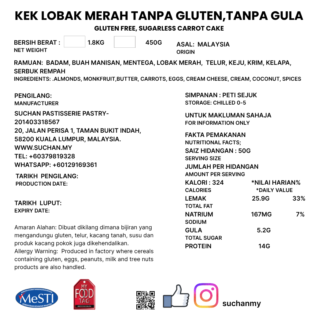 Gluten free, Sugar free Carrot Cake - Pre Order 3 Days Advance