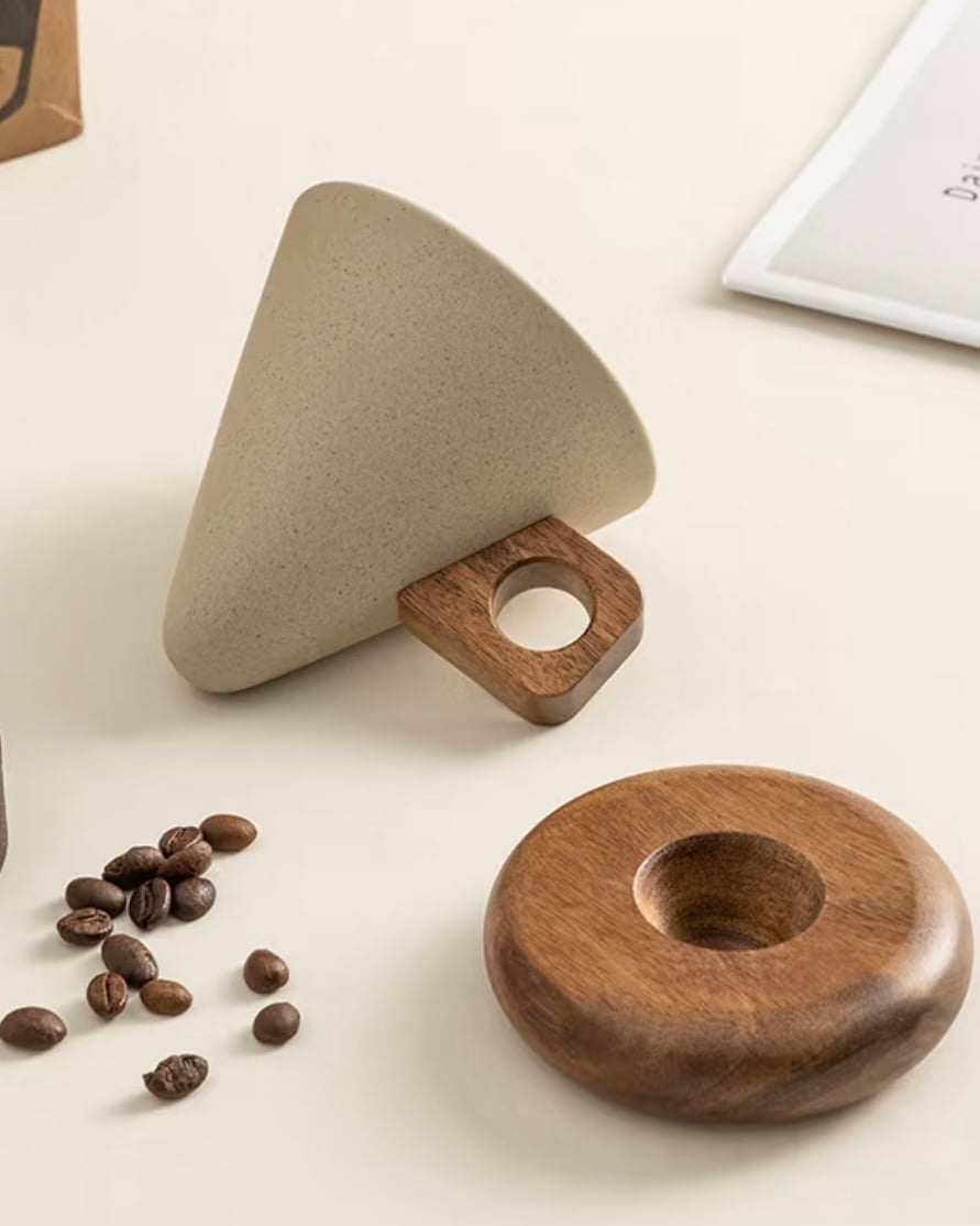 復古芝麻釉・甜筒實木咖啡杯碟組