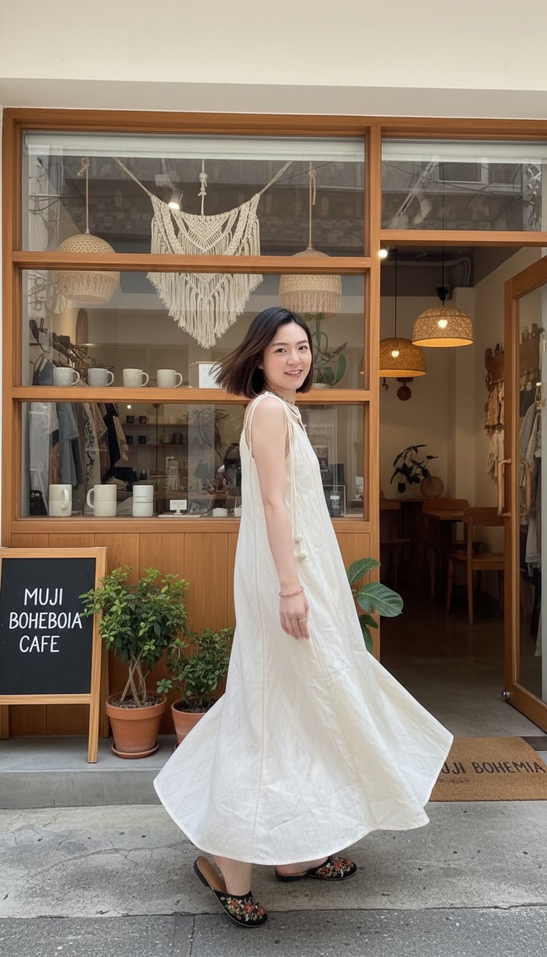 2514 Beige Muji Style A-line Cut Herbal Press Ball Ball OP
