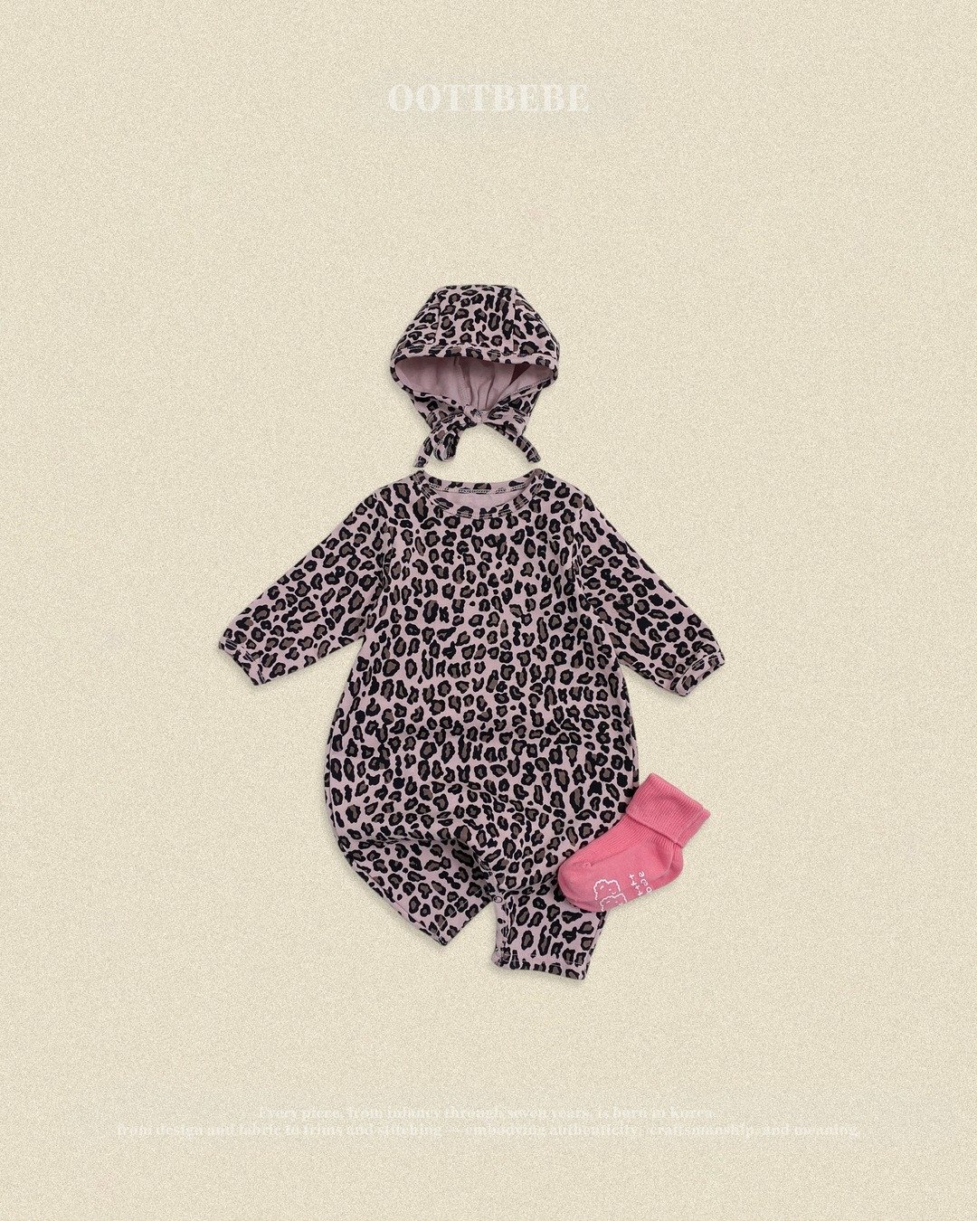 OOTT |  (bebe) Little Leopard Print Full-Body Suit + Bonnet Set