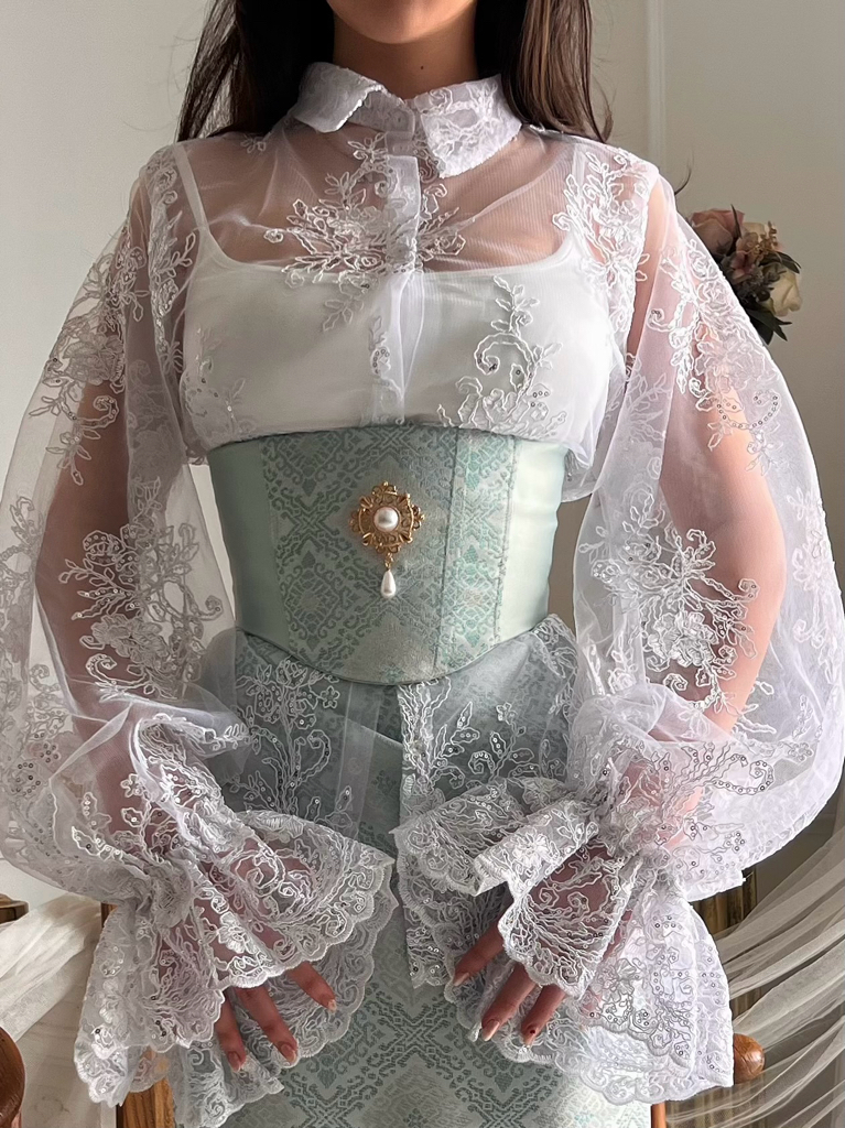Songket Underbust Corset and Pareo Skirt in Mint Green with Angel Blouse in True White