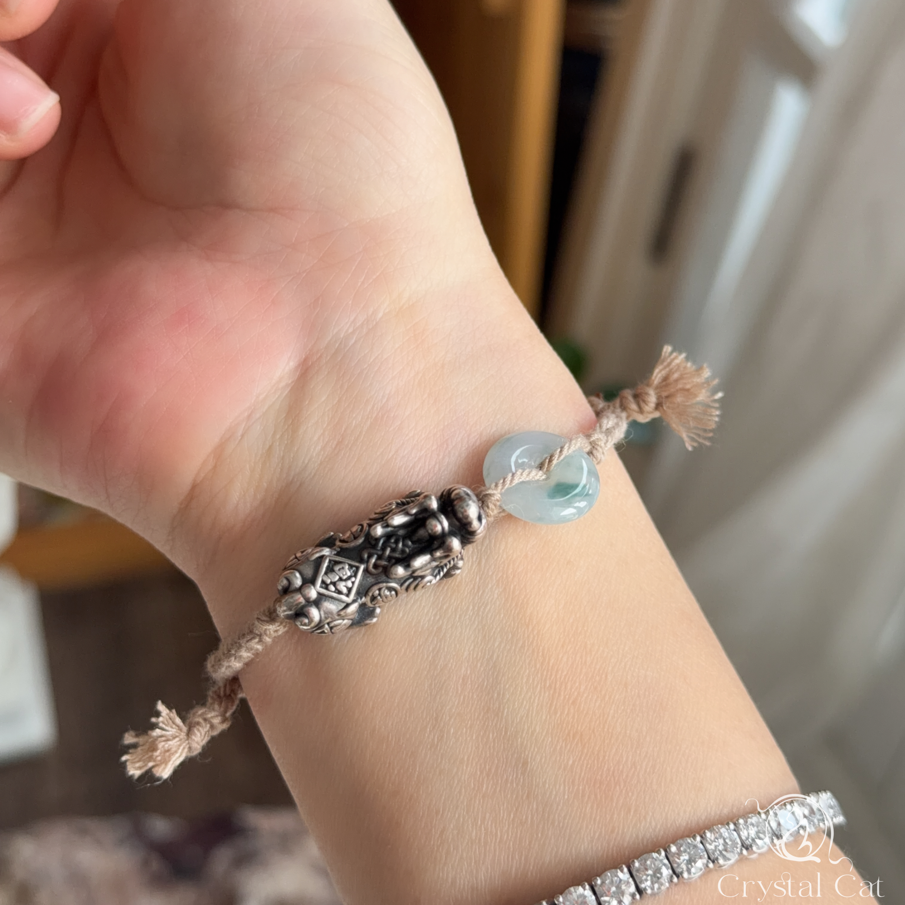 純銀貔貅+天然翡翠平安扣襯手绳