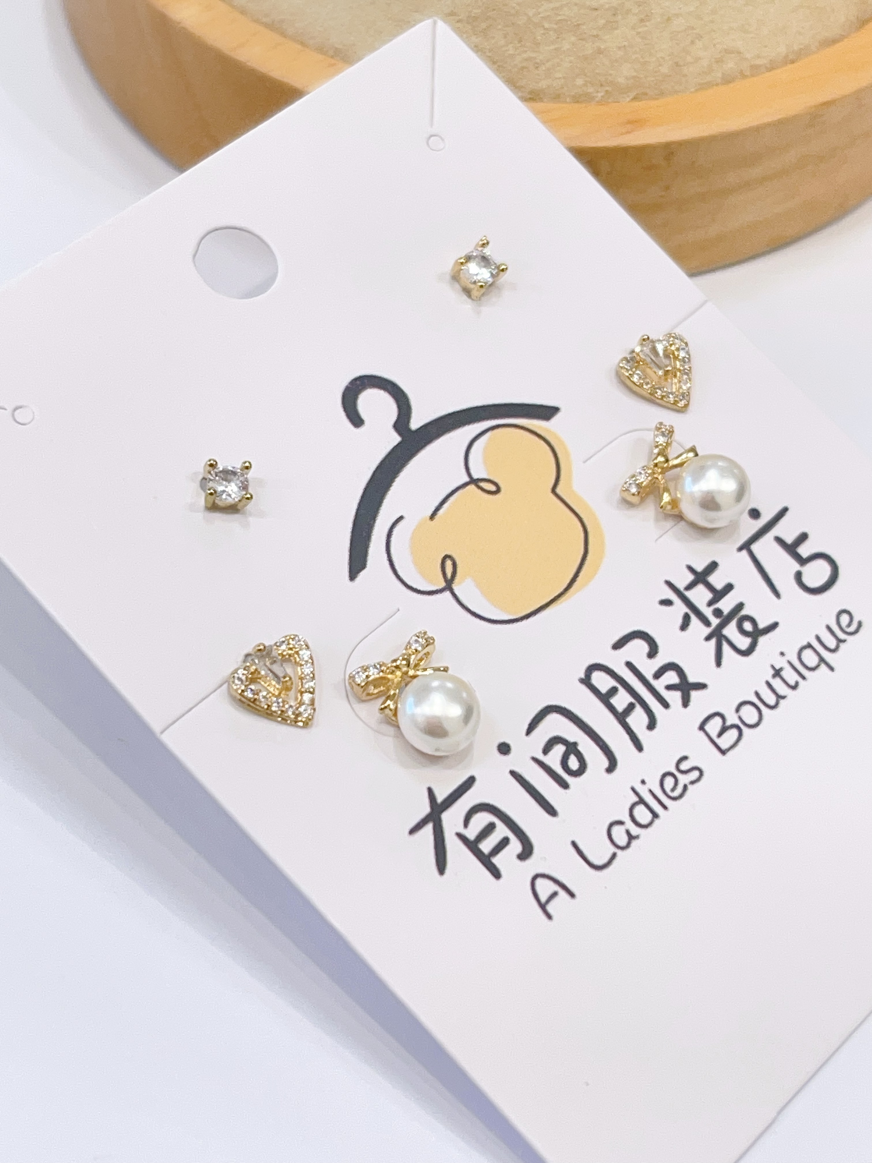 蝴蝶结珍珠爱心镶钻耳环套装