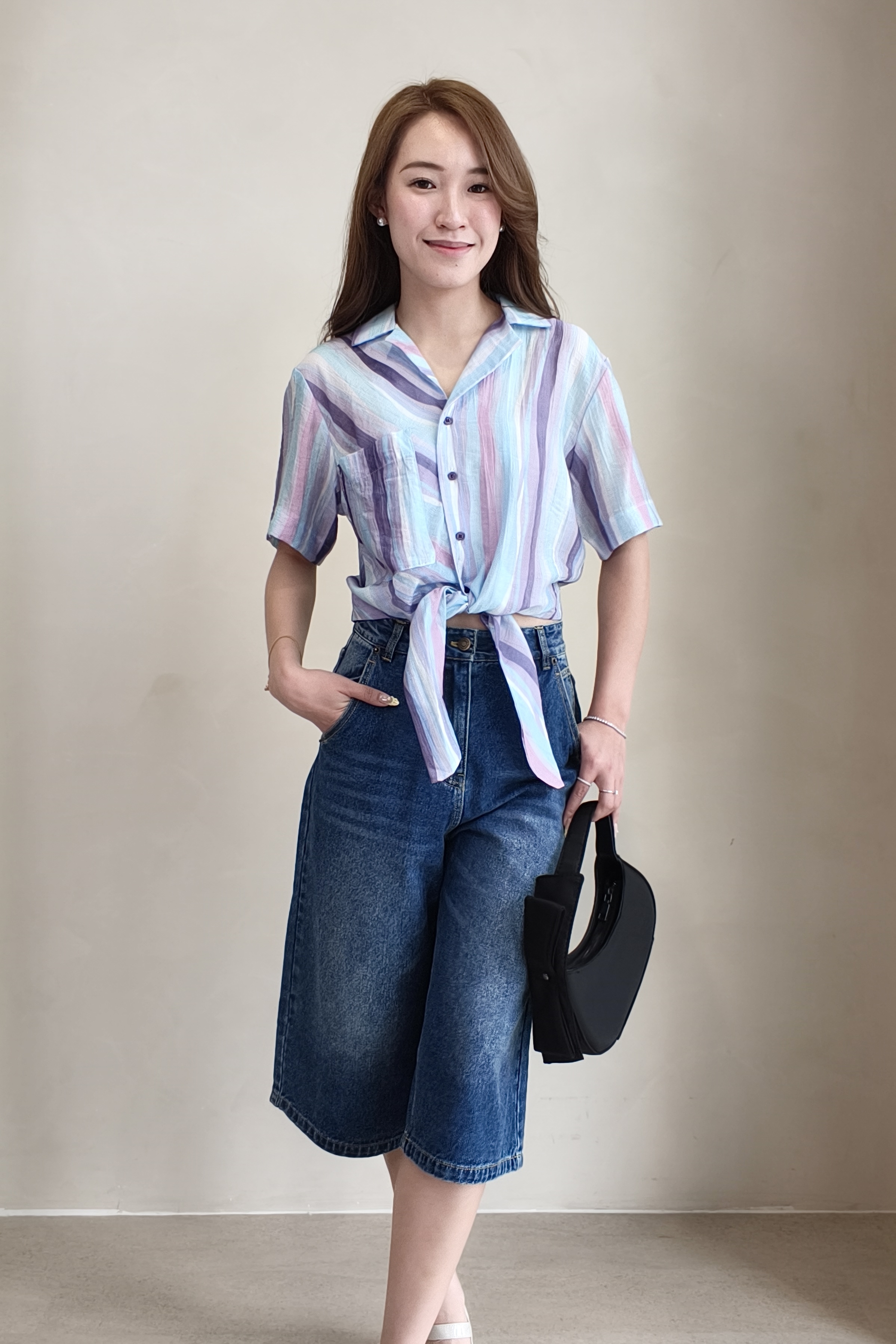 CP1657 High-Waisted Wide-Leg Denim Bermuda Shorts 