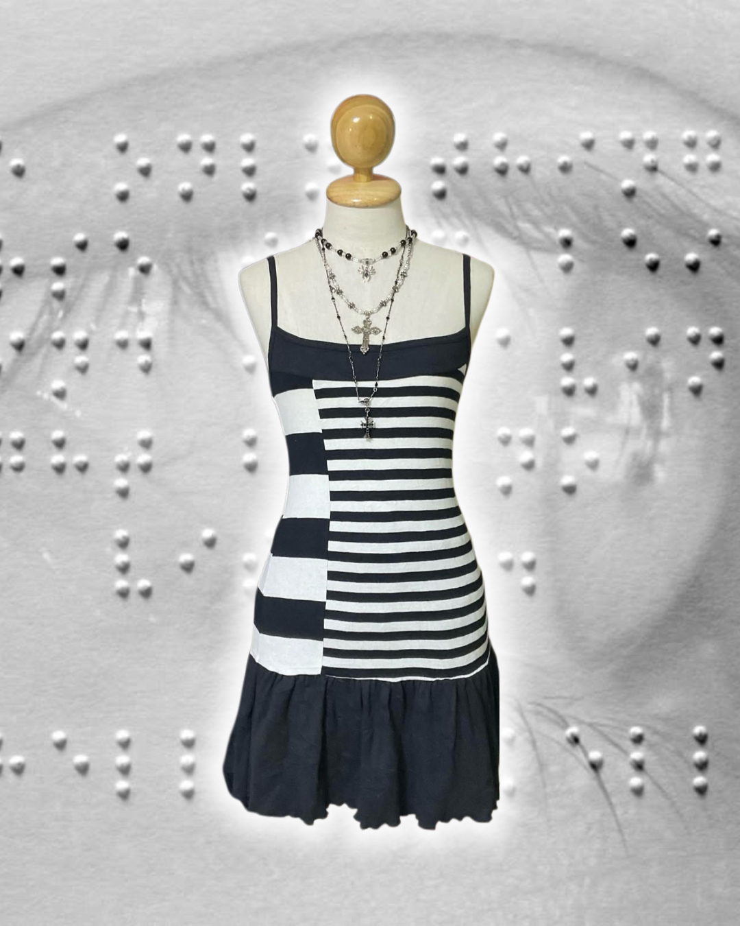 Black Hooded Ruffled Bow Striped Dress Set