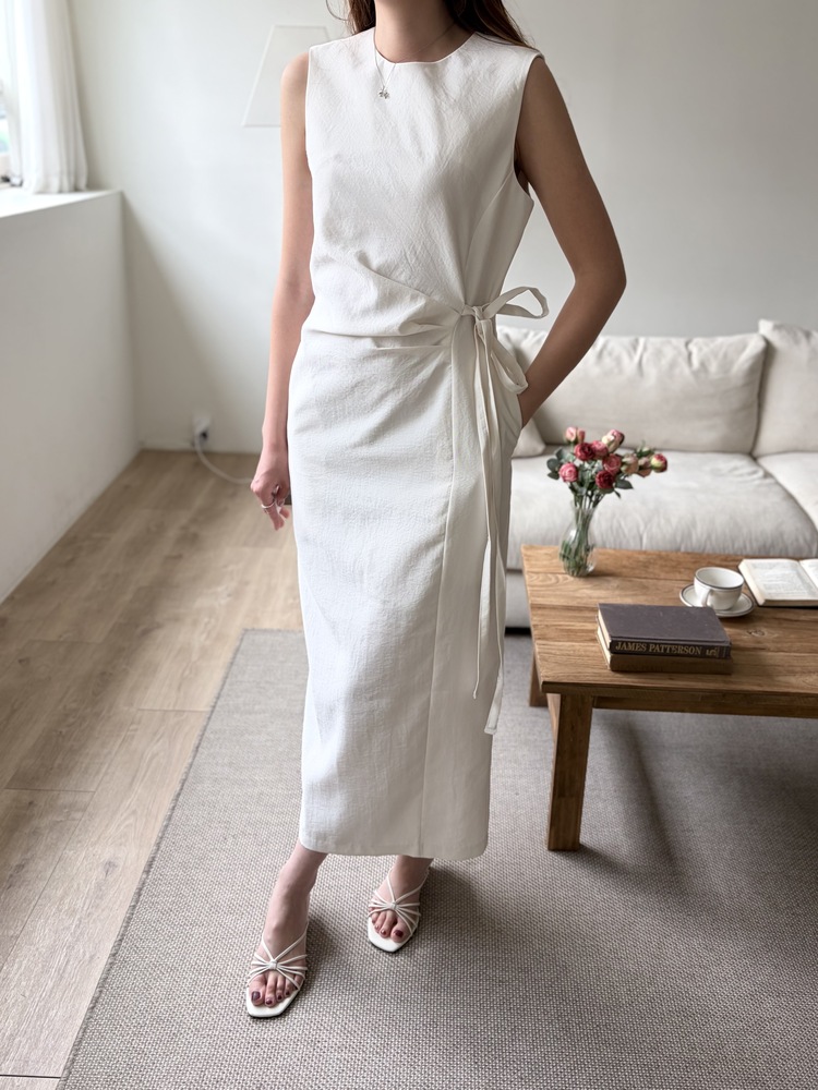 Gathered Waist Tie Dress (Ivory)
