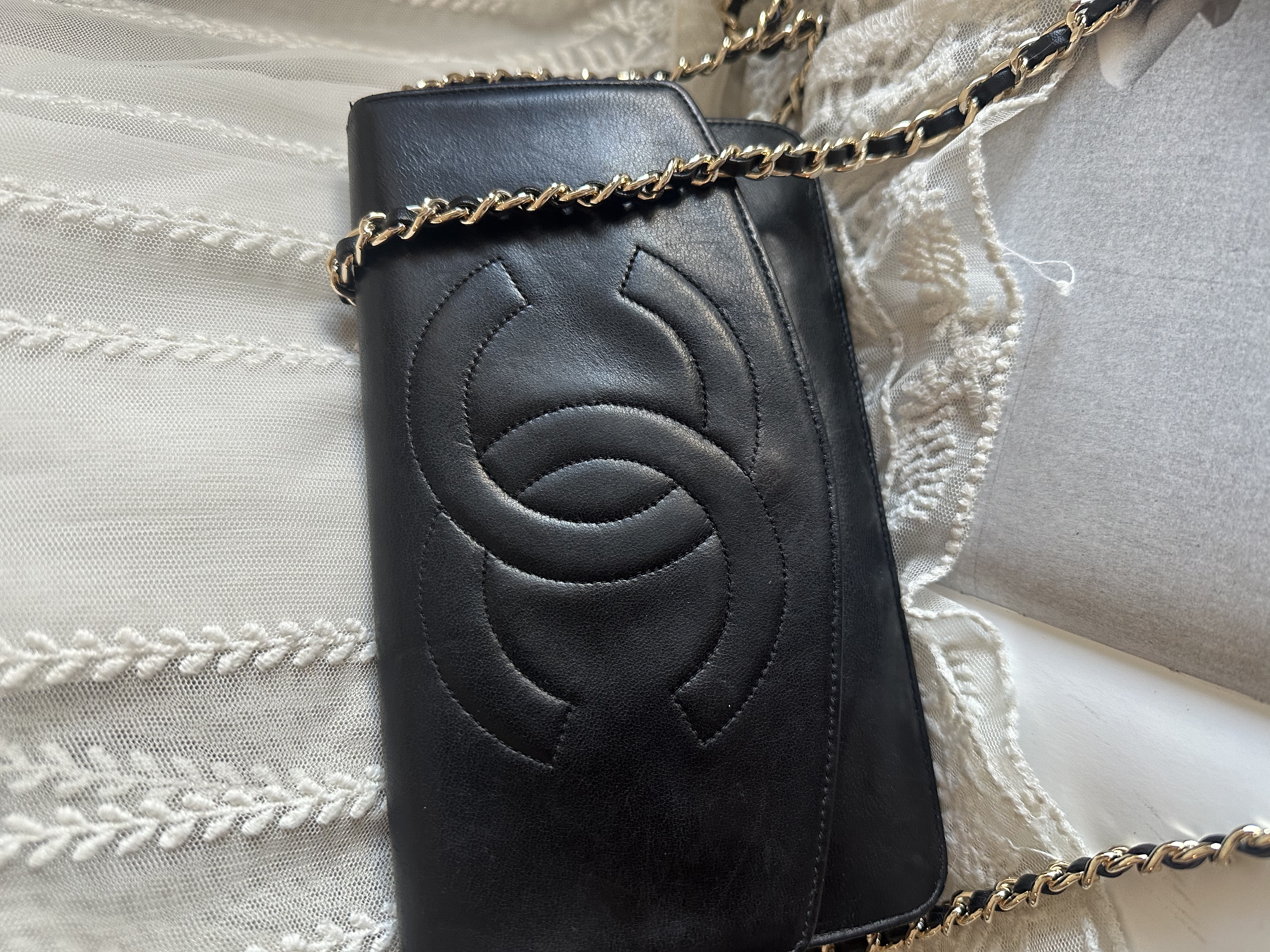 vintage chanel cc black lamb leather long wallet