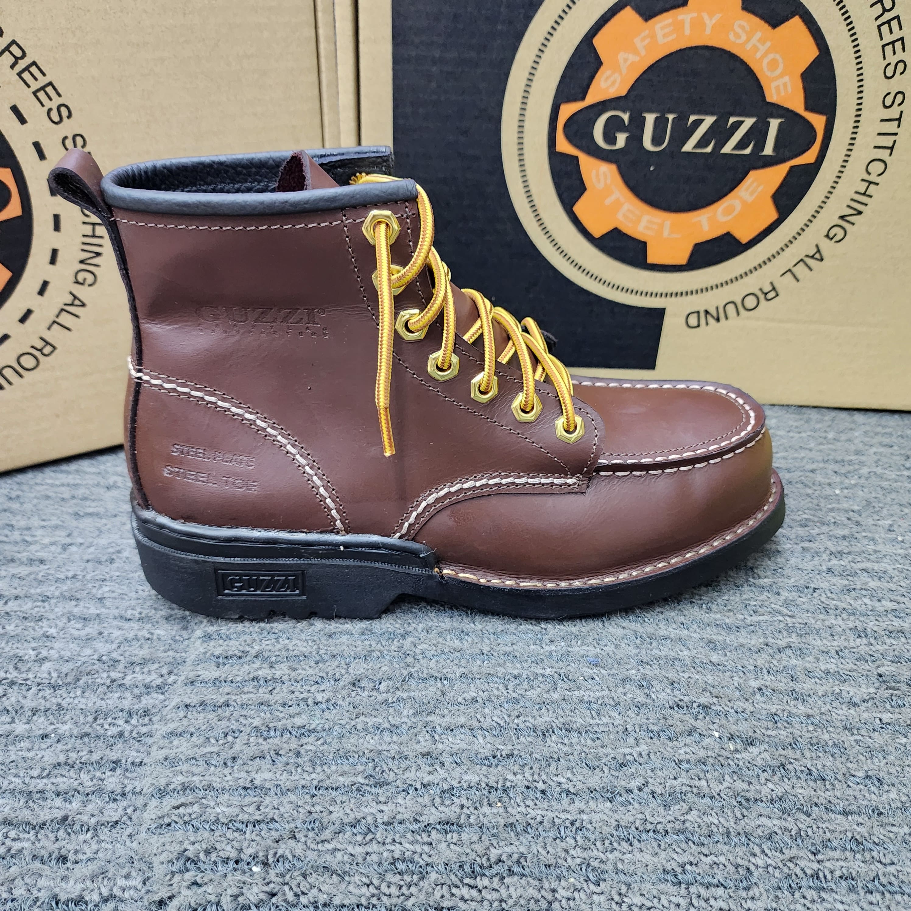 Guzzi Safety Shoes 600 Mid Cut Lace Khaki Dark Brown Steel Plate and Toe's Cap Genuine Leather Kasut Keselamatan