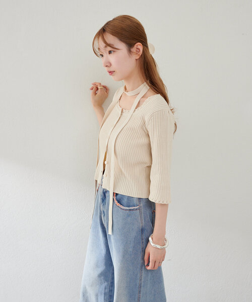 喇叭中袖lace邊頸帶小外套