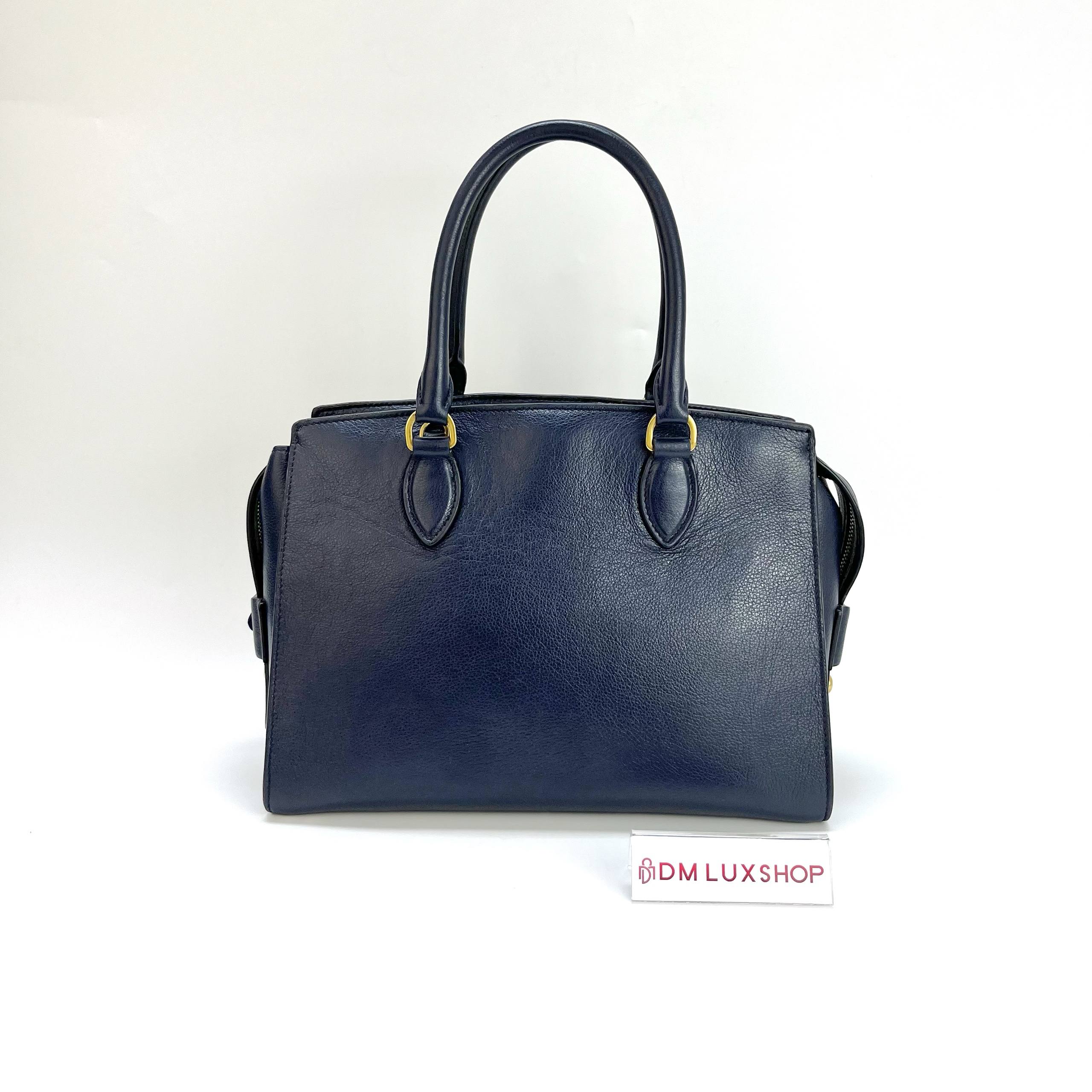 Prada Calf Leather Top Handle Tote Navy GHW