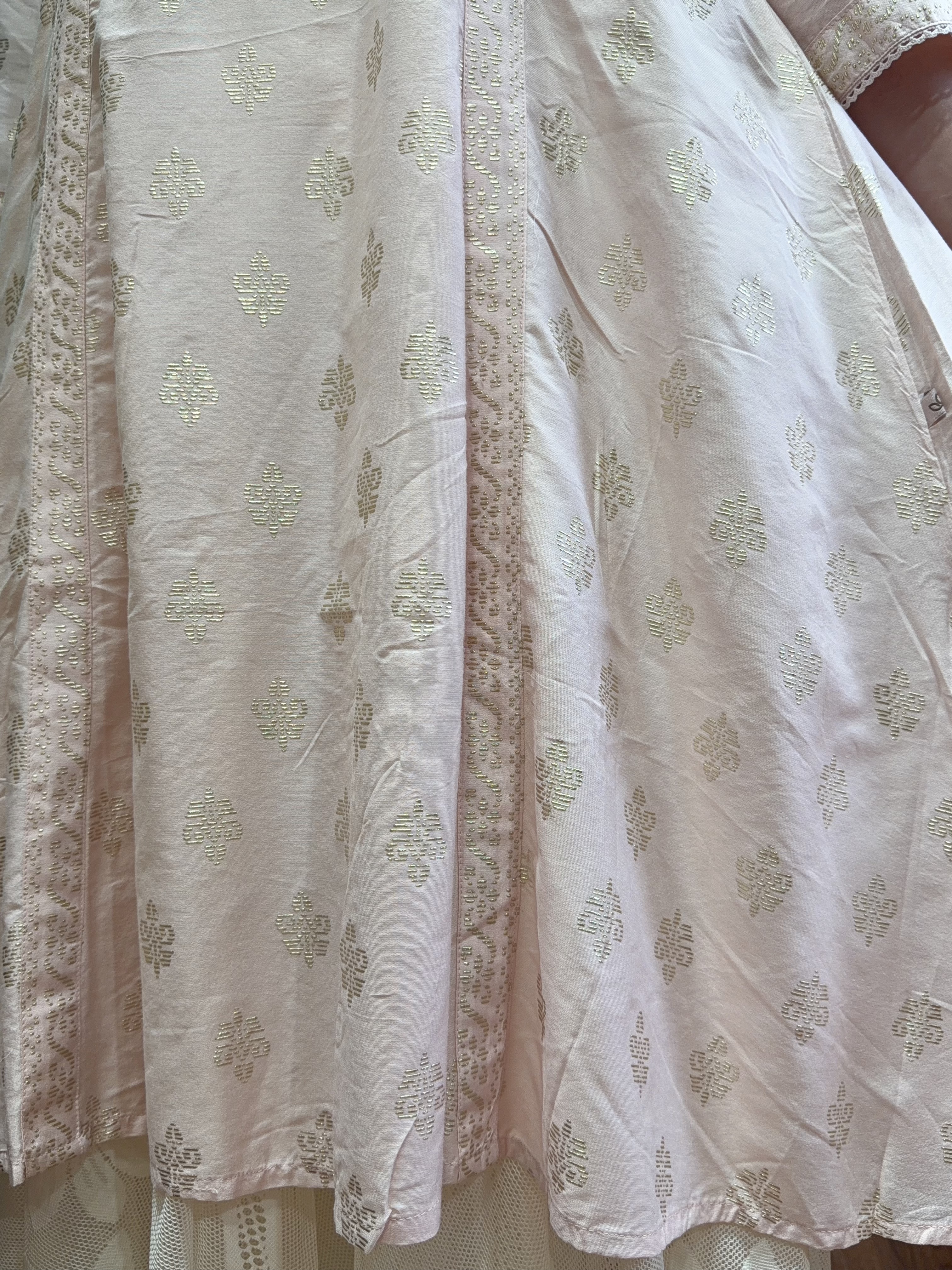 2214 Light Pink Gold Print V-Neck Kurta 37"
