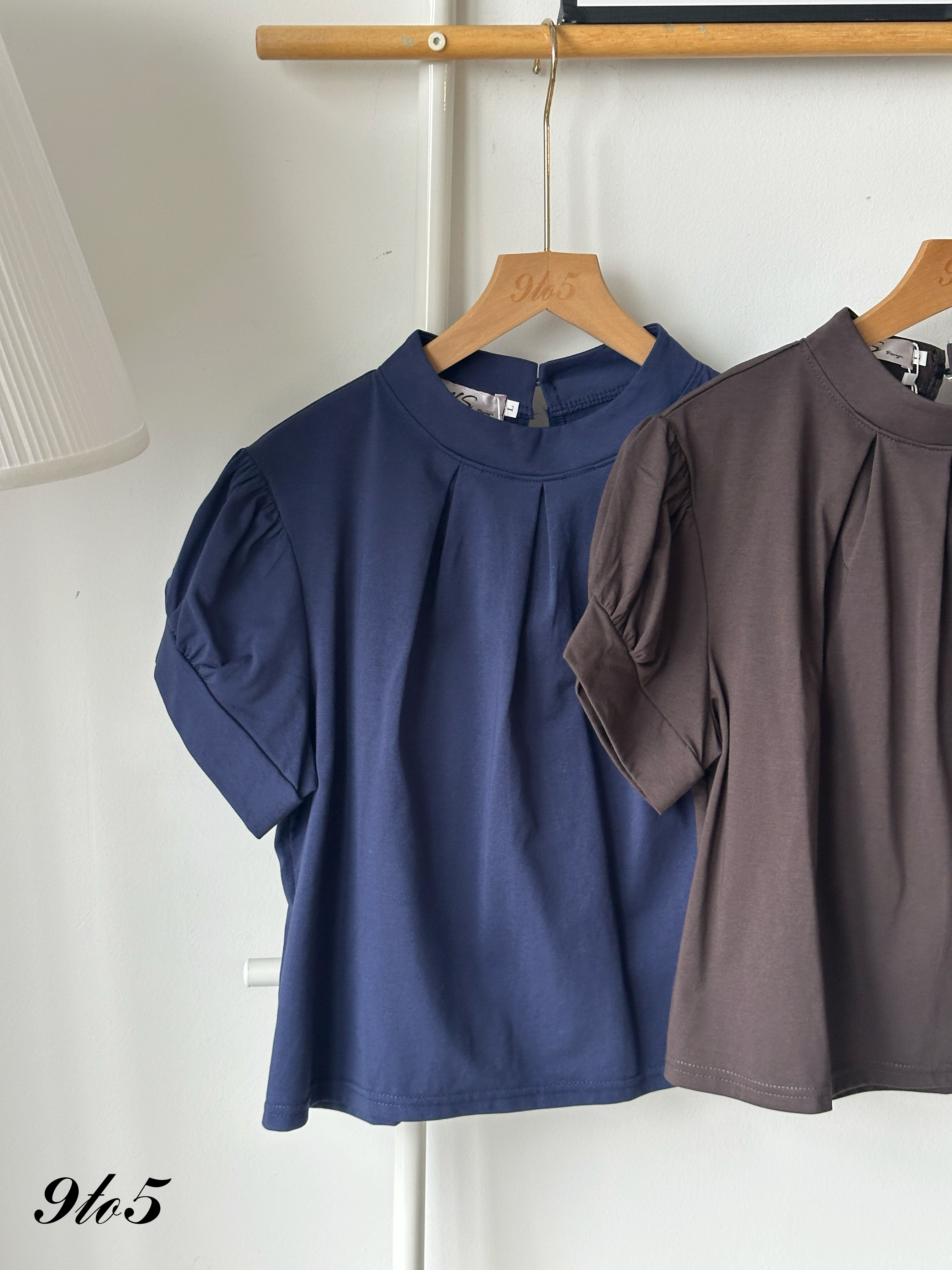 T4242 Mock Neck Ruched Top - Blue & Grey