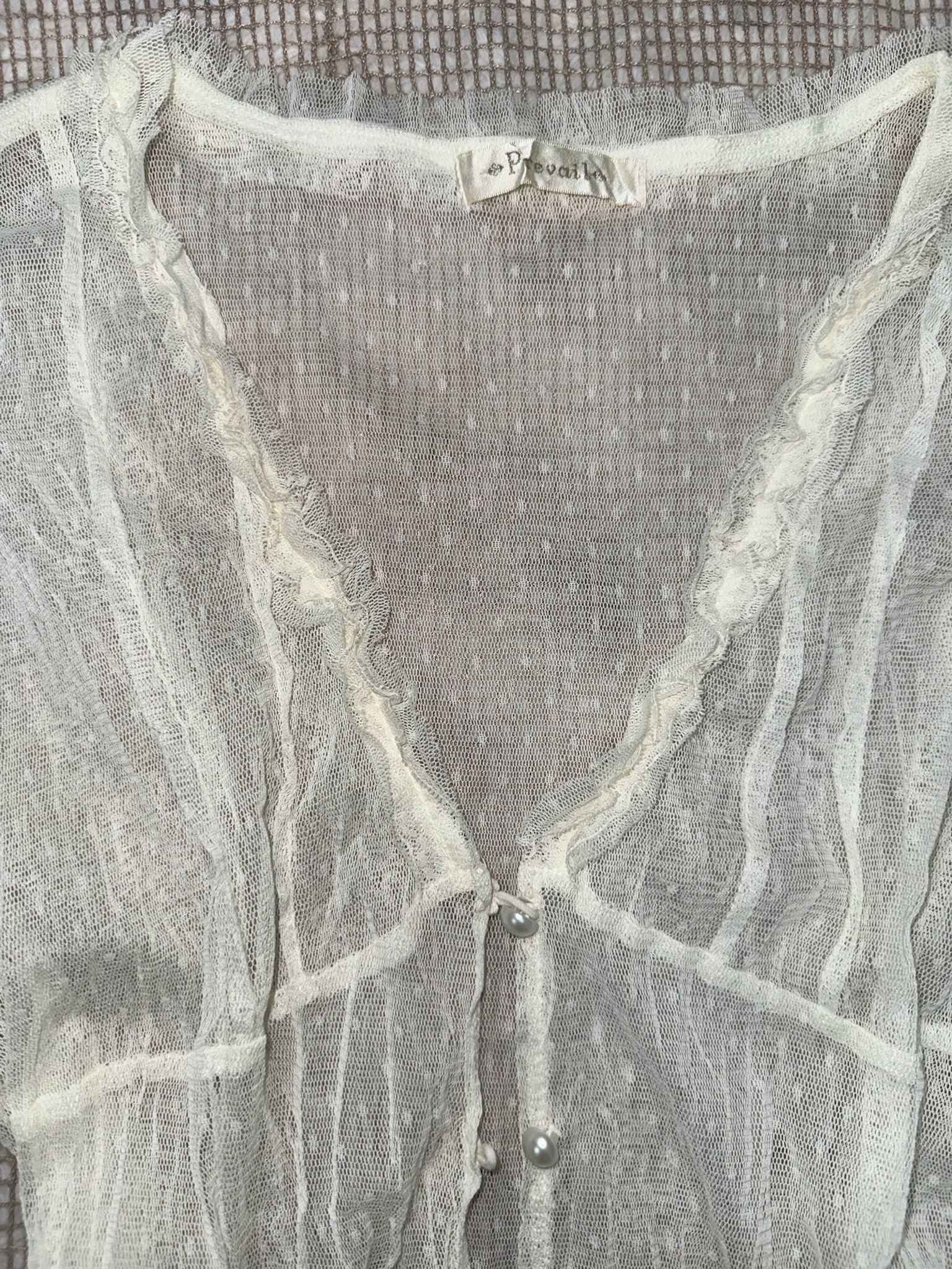 White Sheer Mesh Blouse with Pearl Buttons and Lace Ruffle Trim