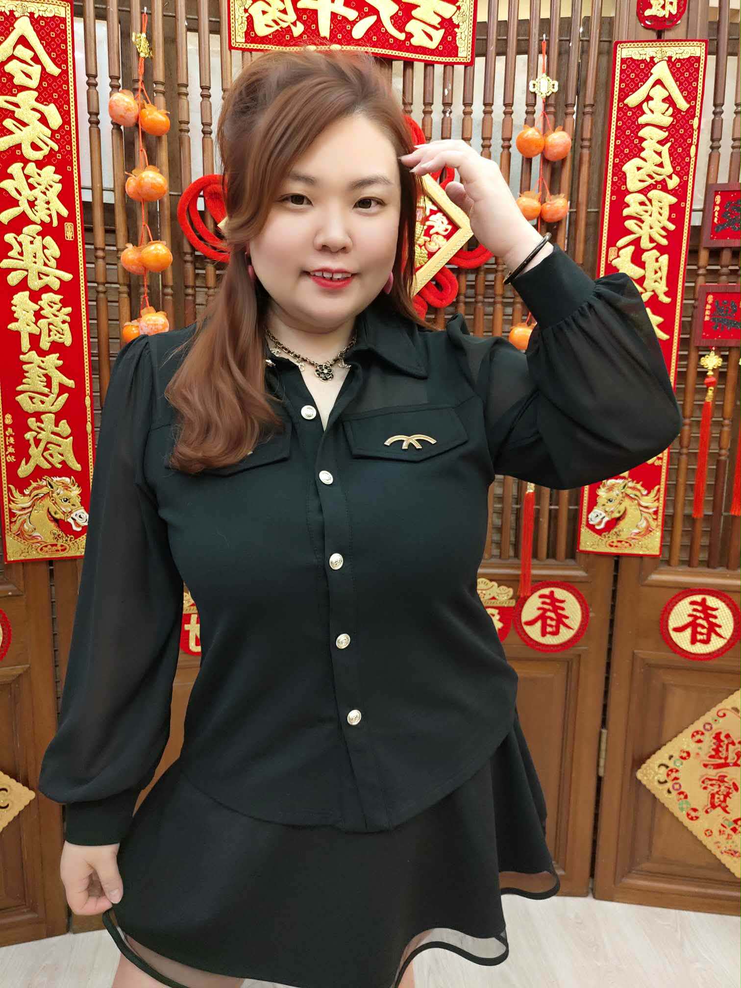 NJH06 TW#5321 胸前双金配件雪纺长袖上衣