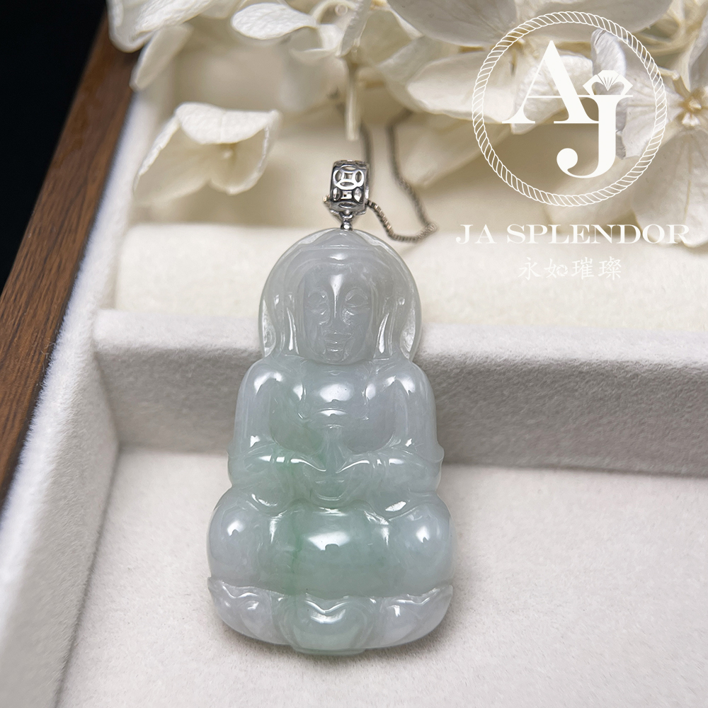 JNK-118 天然翡翠A玉 膠潤白底青觀音18K金吊墜(法師加持)