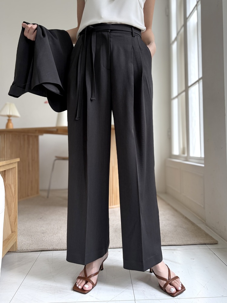 Aveline Belted Straight Slacks (Charcoal)