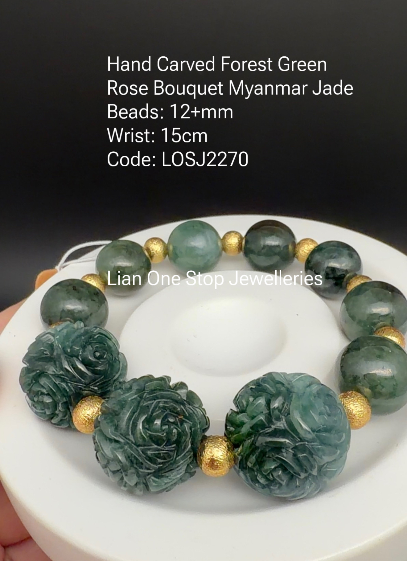 Code: LOSJ2270 Hand Carved Forest Green Rose Bouquet Myanmar Jade 