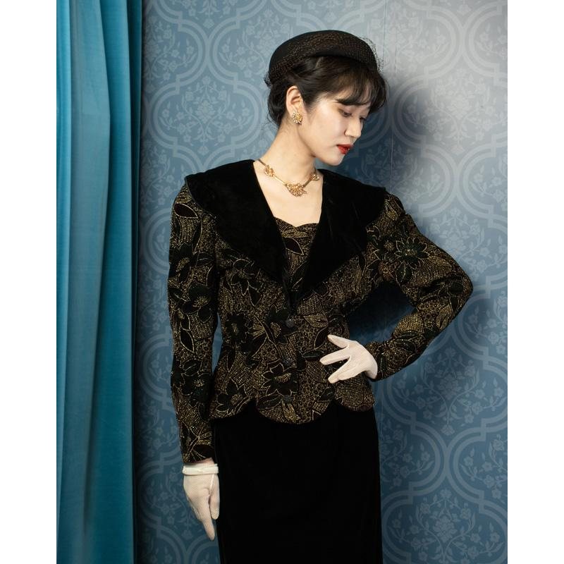 c.a. 1980s Designer Scott McClintock Glittering Floral Pattern Velvet Jacket/Top(MT484)