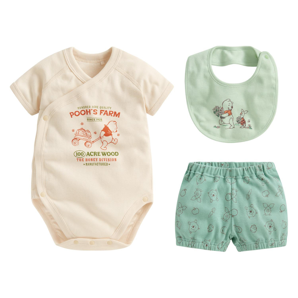 ☀️代購預訂 台灣直送☀️Winnie the pooh小熊維尼純棉人物印花短袖包屁衣短褲圍兜三件套