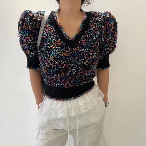 Multicolor Tweed-Inspired Puff Sleeve V-Neck Cropped Knit Top ‖ 彩色花呢编织V领泡泡袖短款针织上衣 KR019330