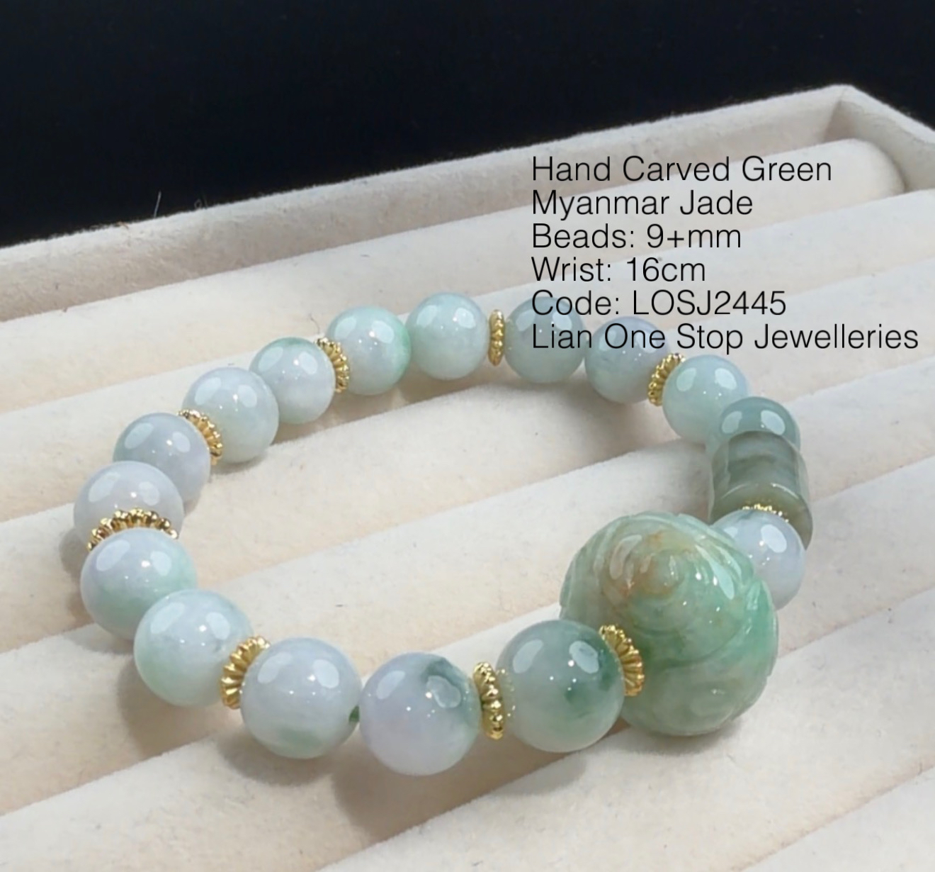 Code: LOSJ2445 Hand Carved Green Myanmar Jade 9+mm 
