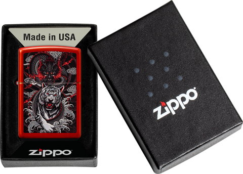 Zippo 龍虎雙煞 猛虎與龍設計48933  |金屬紅色表面| 防風打火機 | ZIPPO 指定授權經銷商 |美國製造 | 收藏