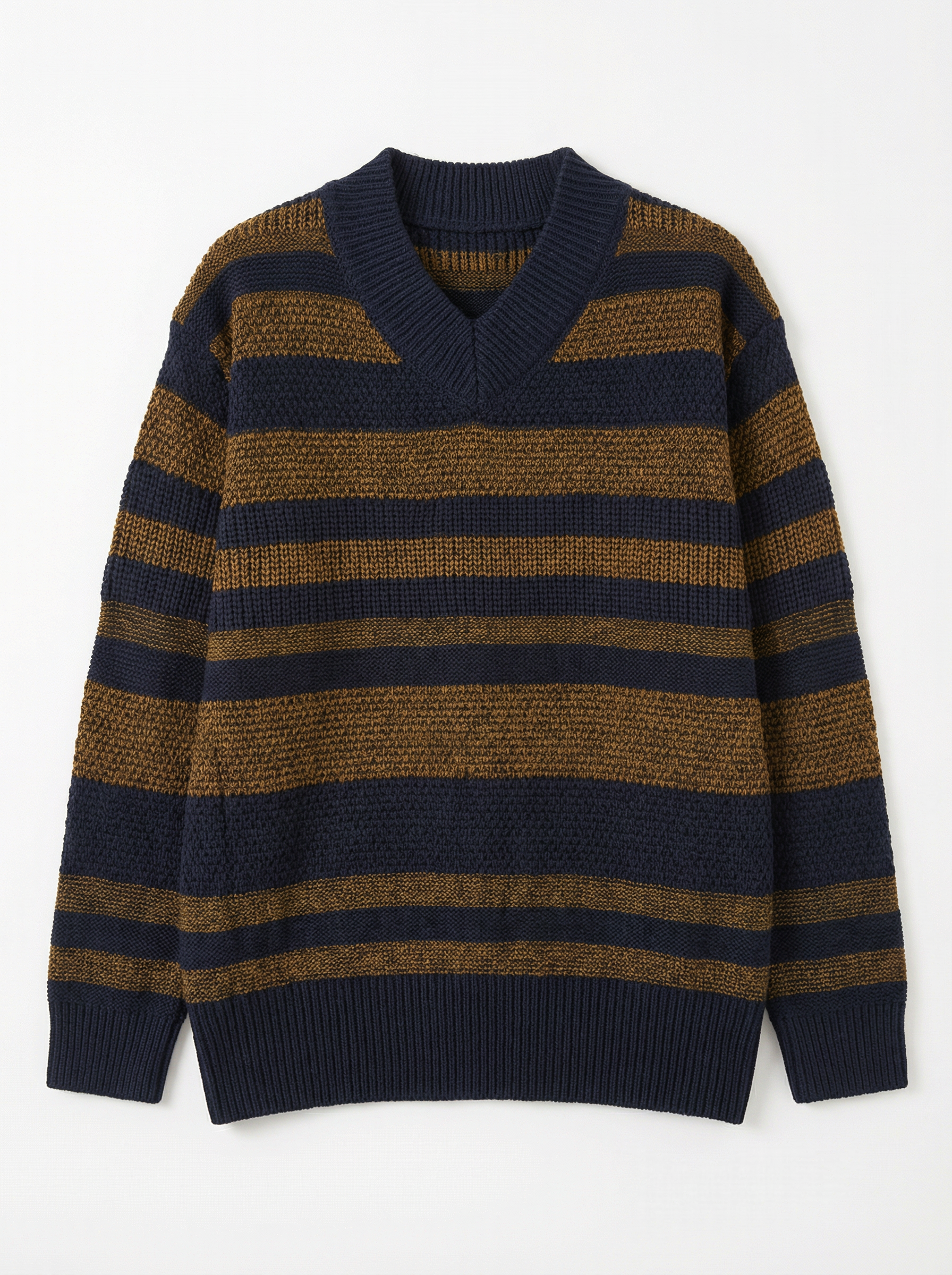 米黑粗條紋 V 領長針織毛衣