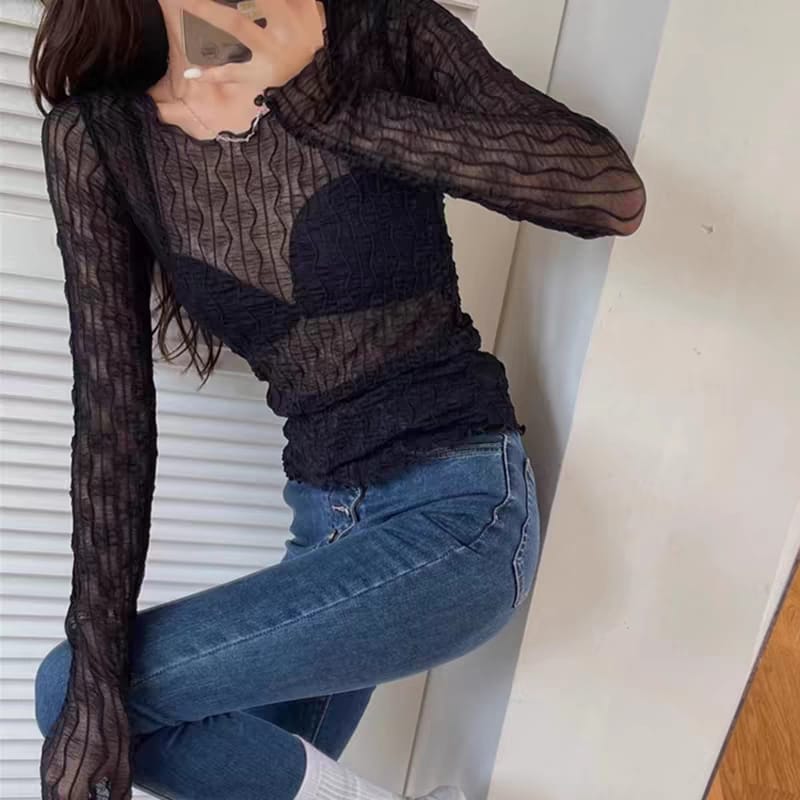 Pleated Sheer Mesh Panel Long Sleeve Top ‖ 褶皱透视拼接感长袖上衣 KR014605192