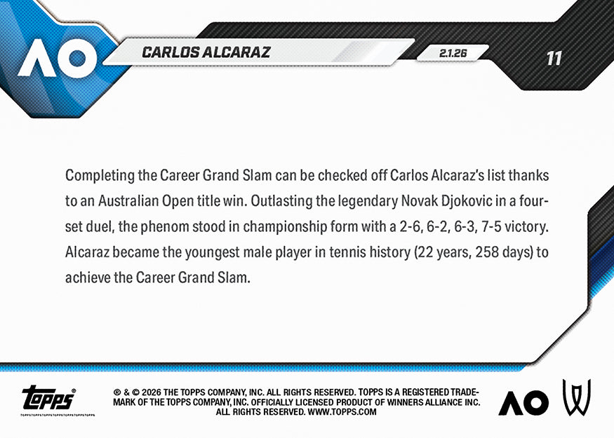 Carlos Alcaraz - 2026 Tennis Topps NOW® #11 Australian Open 冠軍卡｜PR 10,832