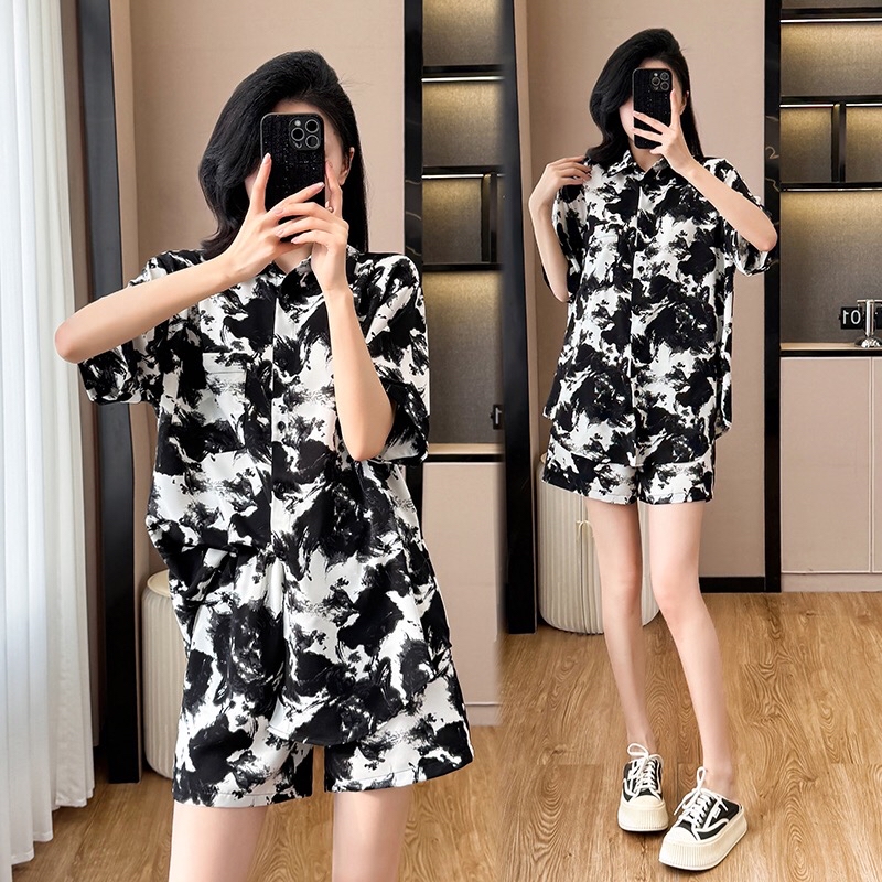 B218(6071) 新中式水墨画休闲风短袖燕尾上衣与短裤黑套装