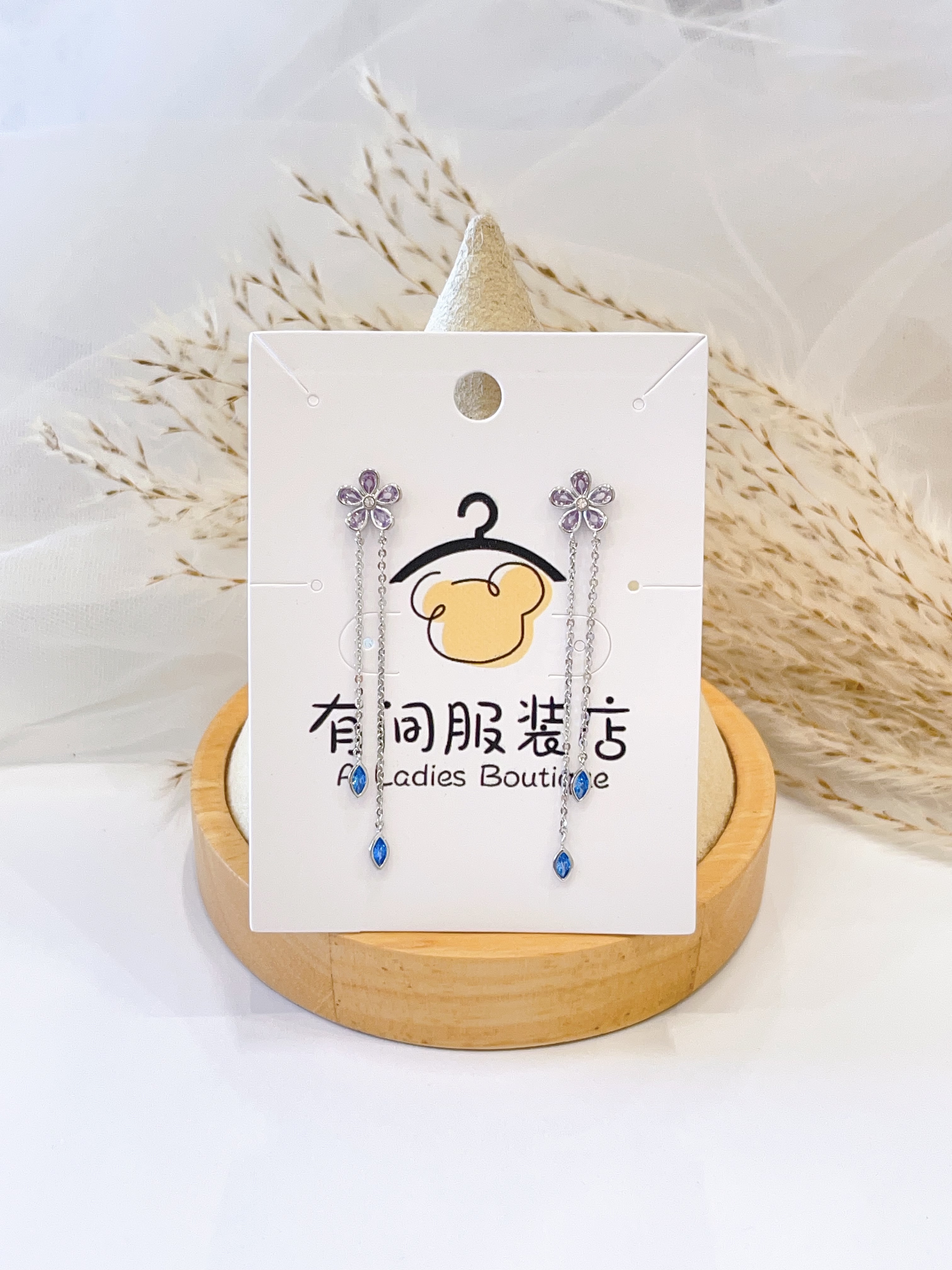 韩系小花锆石流苏耳环