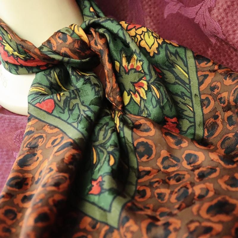 Vintage Givenchy Leopard Pattern and Floral Hand Rolled Edge Silk Scarf - 34" (MT1623-2)
