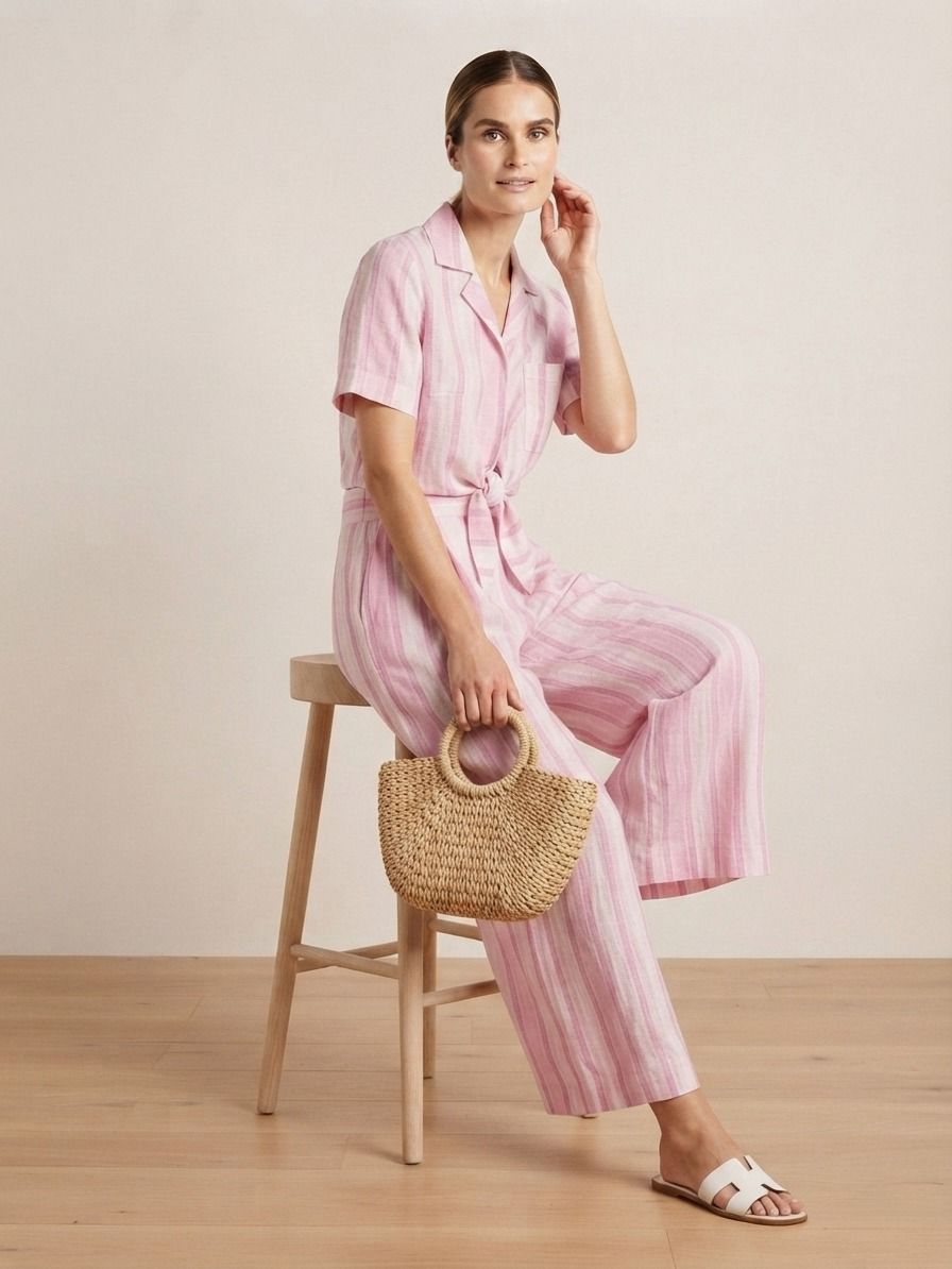 E8273BB Striped Tie-Front Short Sleeve Shirt