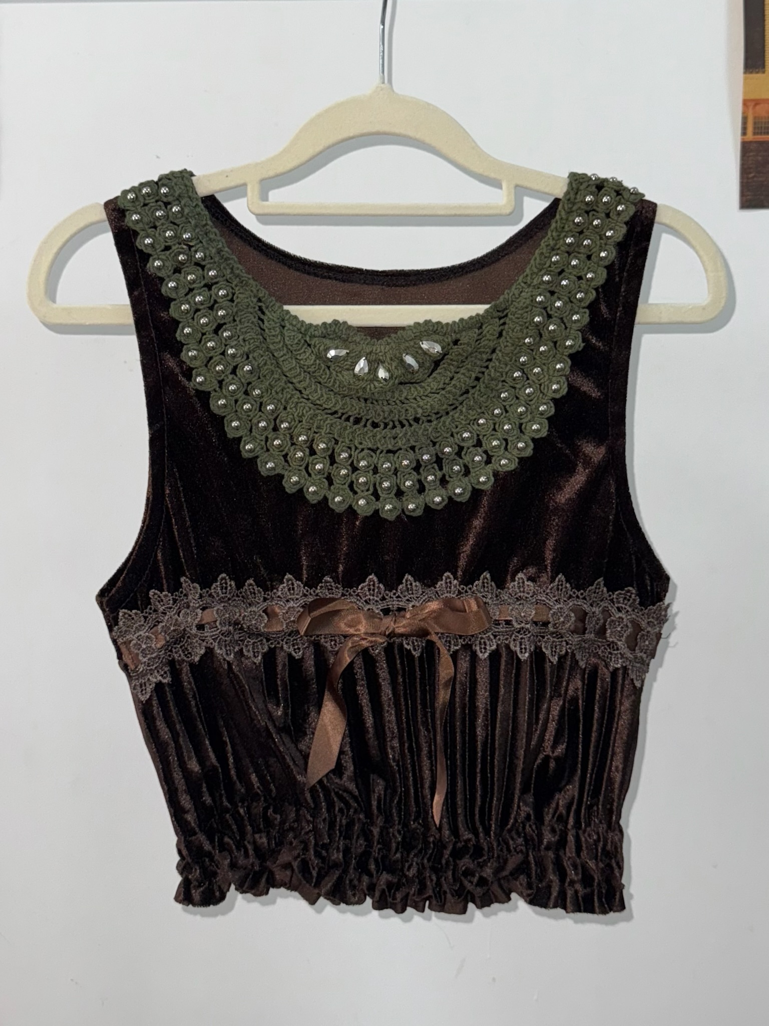 Brown Velvet Beaded Neckline Top