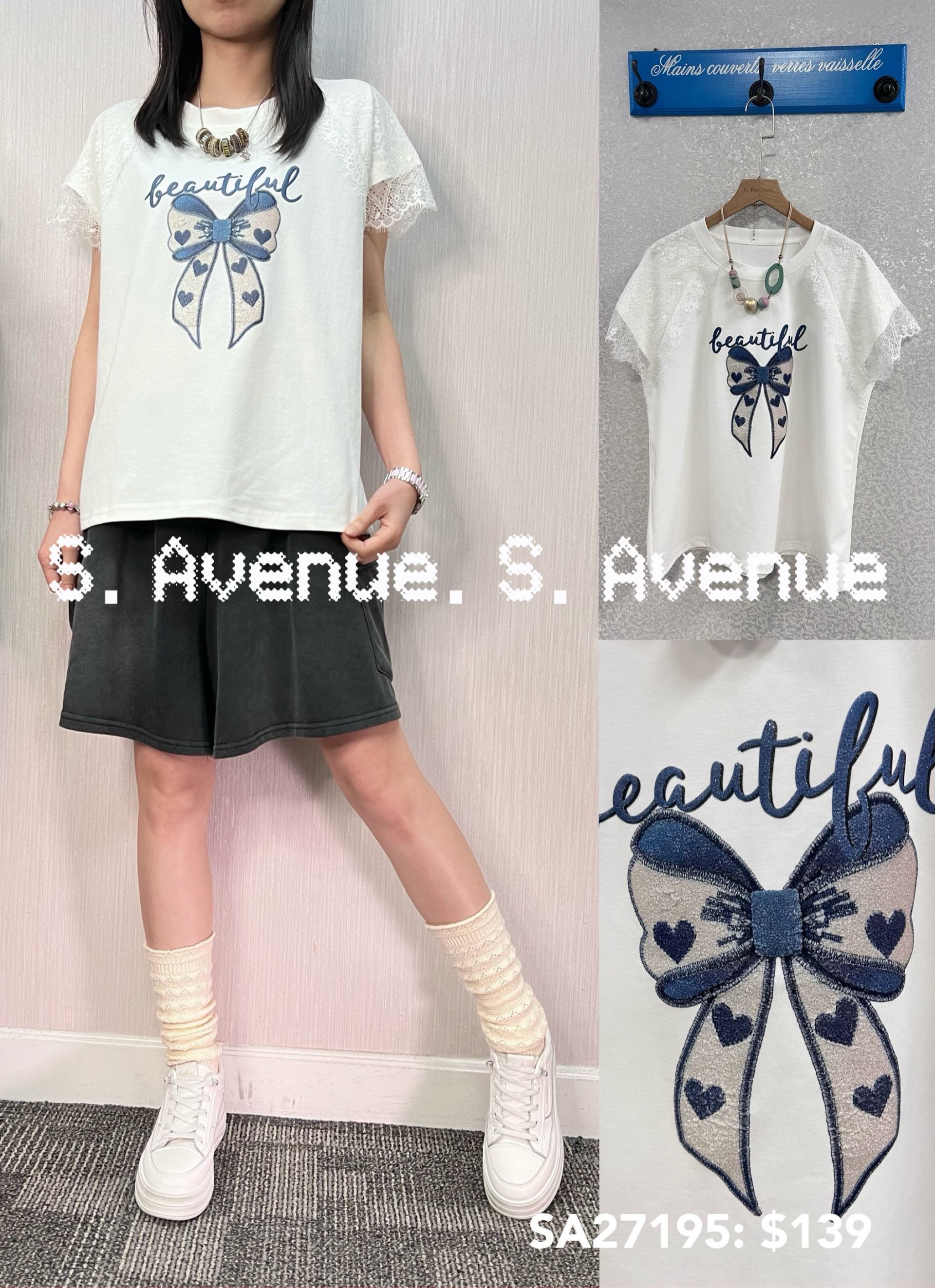 SA27195: 短袖lace袖繡蝴蝶tee