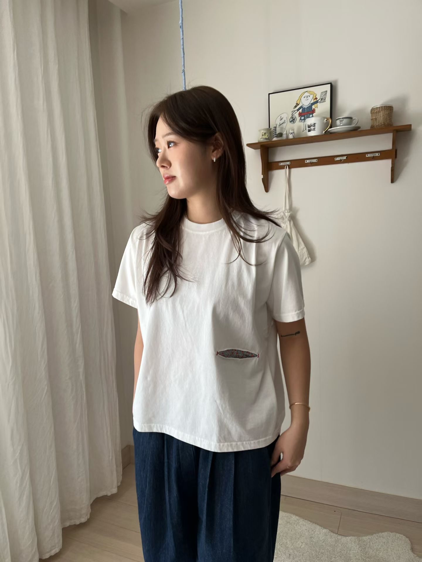 AT ON 花布袋口tee