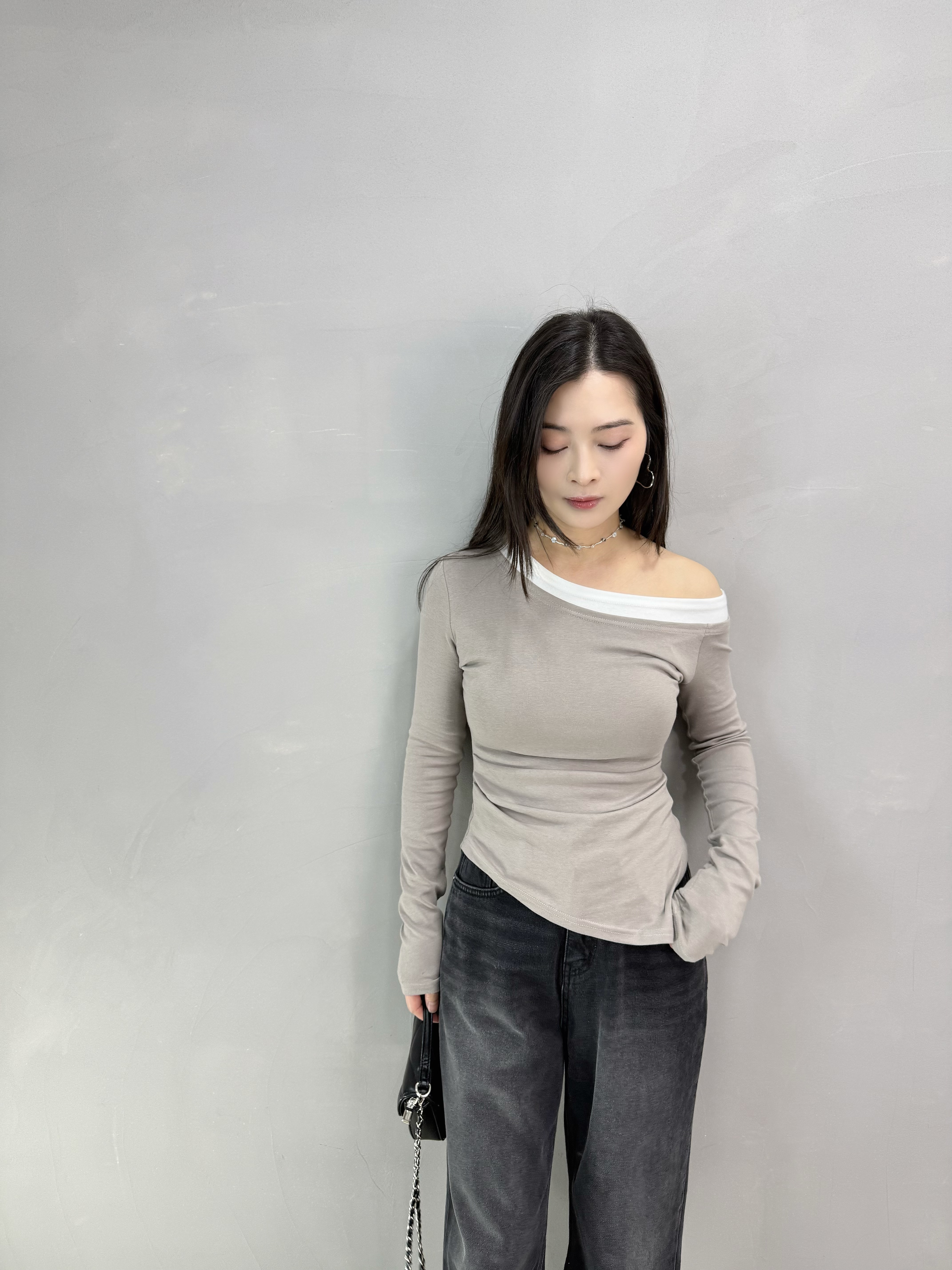 G65 拼色領彈性露膊Tee