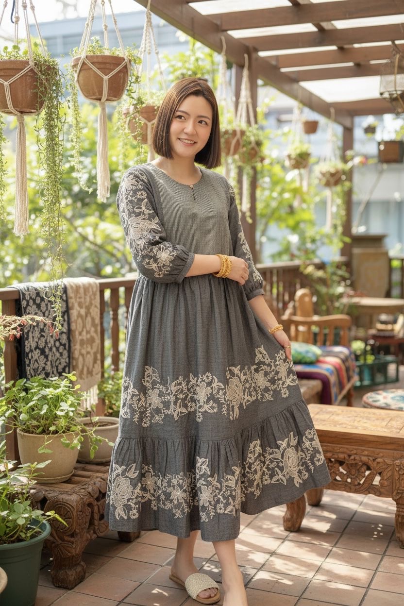 Dark Grey Full Sleeve Emb 2 Layers OP 45" #1096