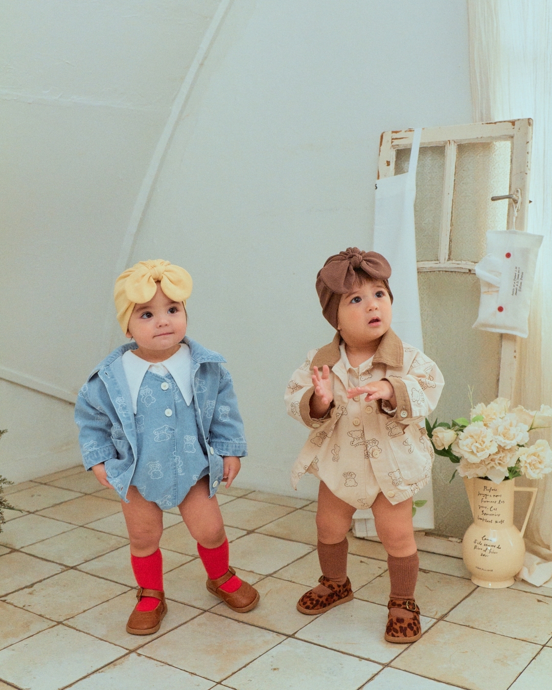 🌸預訂 韓國直送🌸🇰🇷OOTTBEBE兩色小熊滿印斜紋布牛仔外套