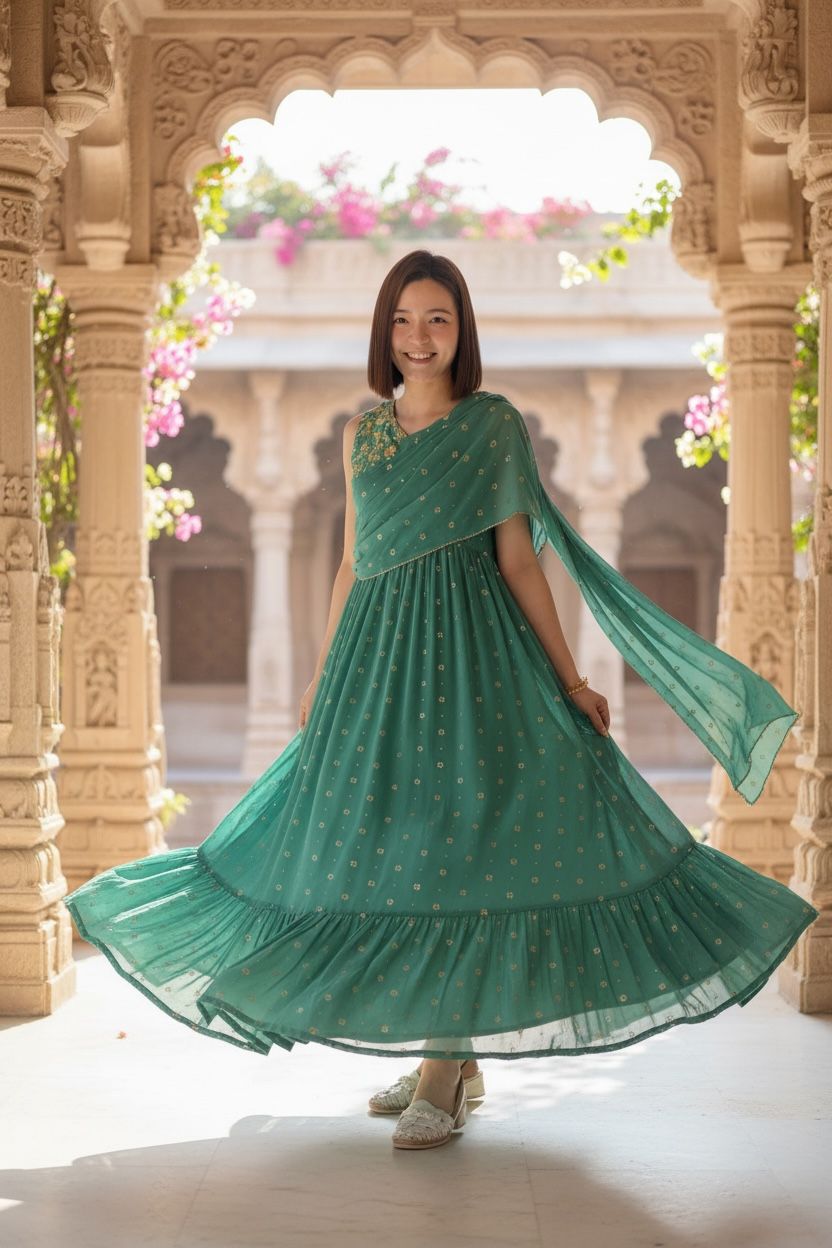 Bright Green Chiffon Sleeveless OP with Scarf  #1362