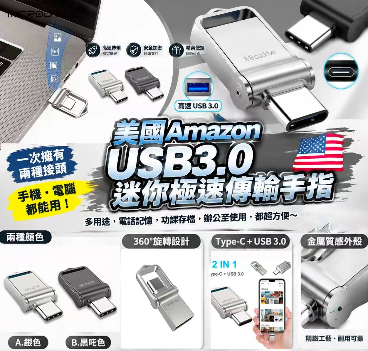 【預訂】美國 USB 3.0 Microdrive 360°Rotate 迷你極速傳輸手指記憶體 128GB