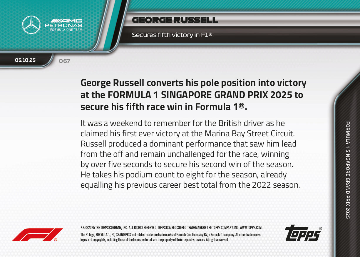 George Russell - 2025 F1 Topps NOW® #67 Singapore GP 贏車卡｜PR 2,978