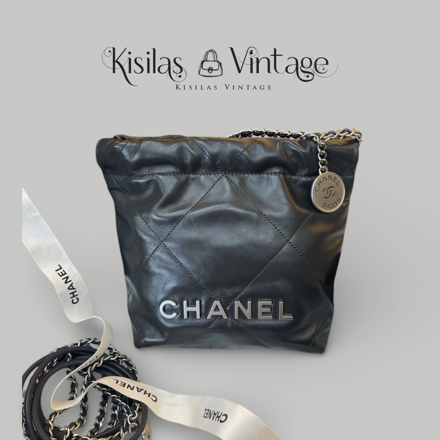 Chanel 24B 牛皮22bag mini 深灰色