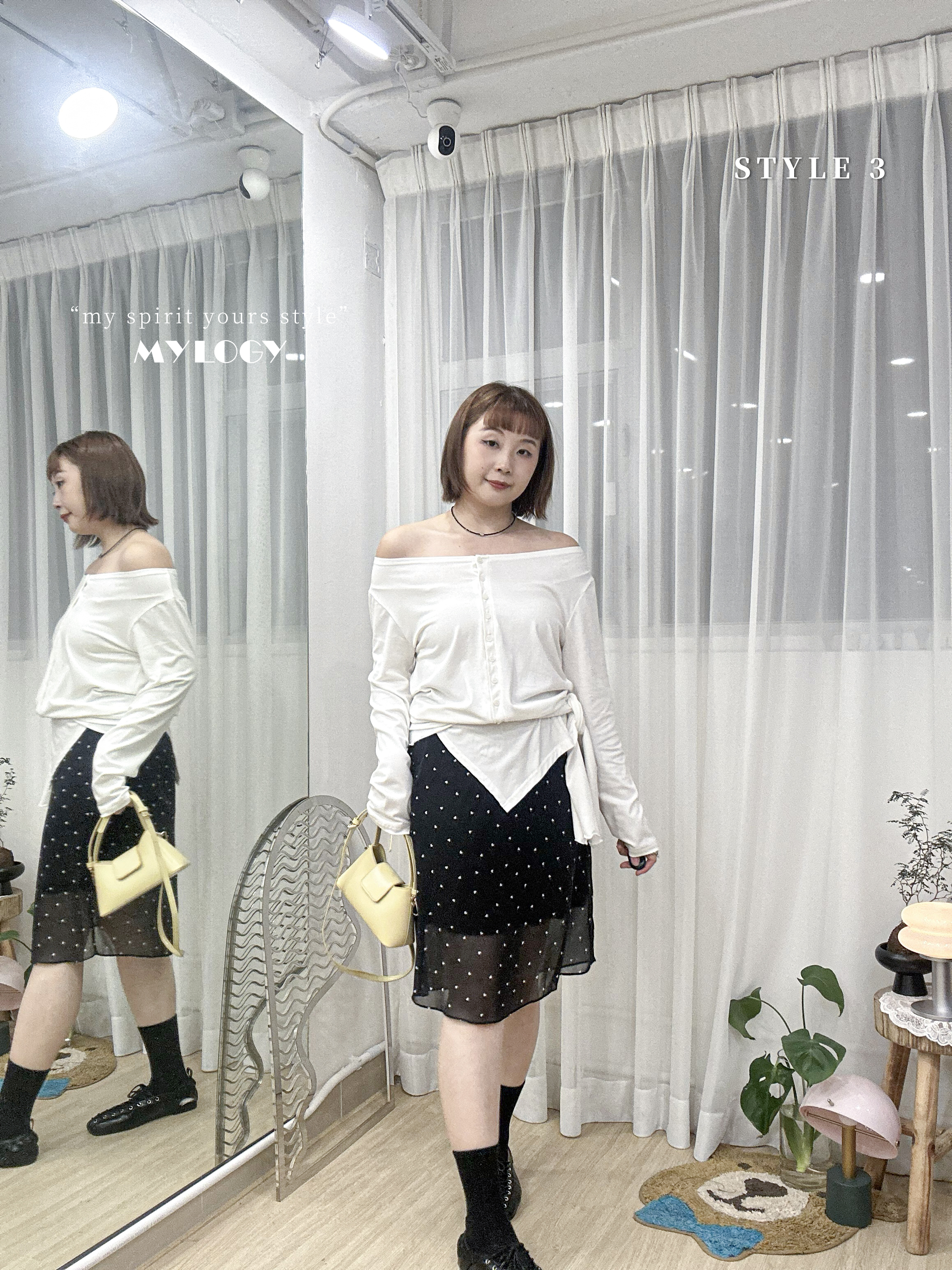 韓系 L/S Off Shoulder 排扣不規則下擺 TEE JD0008 - 白色 Ivory