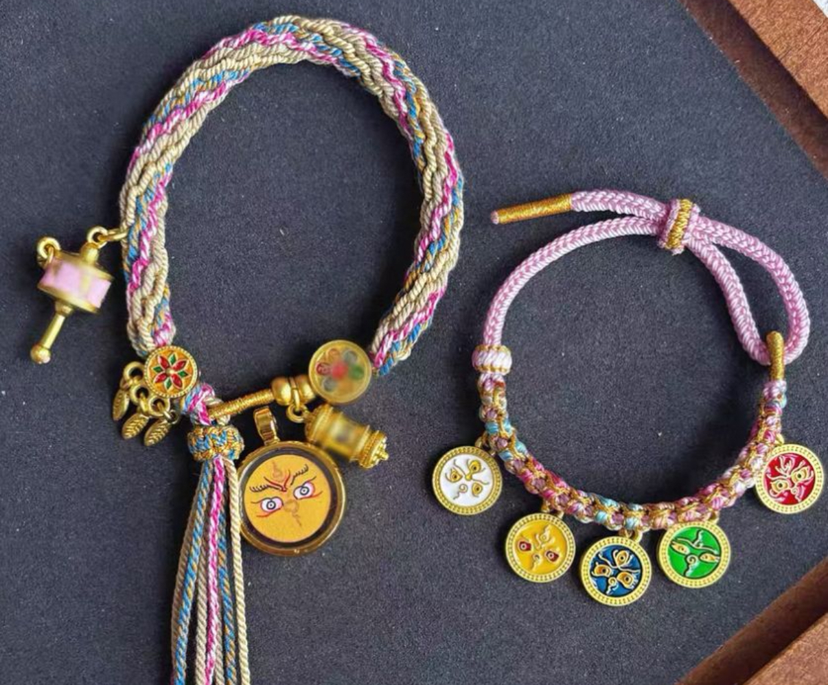 西藏純手繪扎基拉姆唐卡五路財神手工編織本命年招財轉運手繩套裝