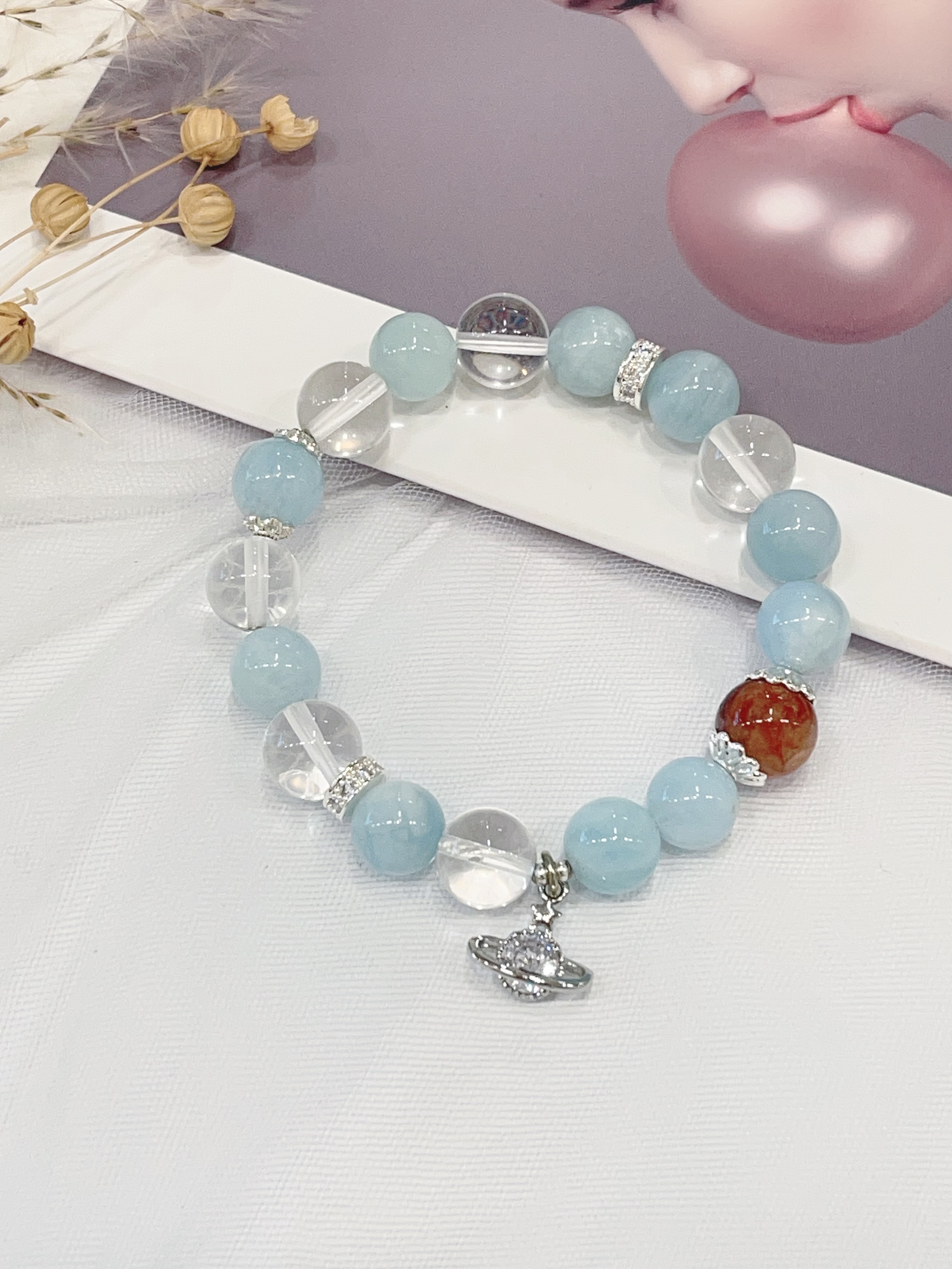 🌊 海蓝宝 × 白水晶 × 红胶花手串 Aquamarine & Clear Quartz & Red Agate｜10mm
