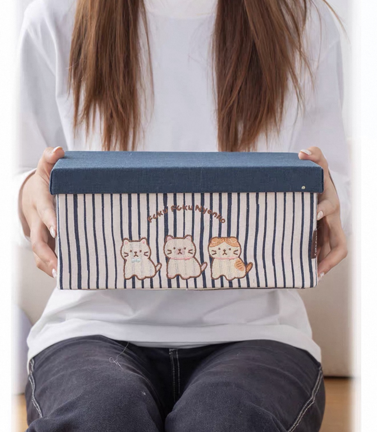 日本Hapins刺繡貓咪帶蓋收納箱