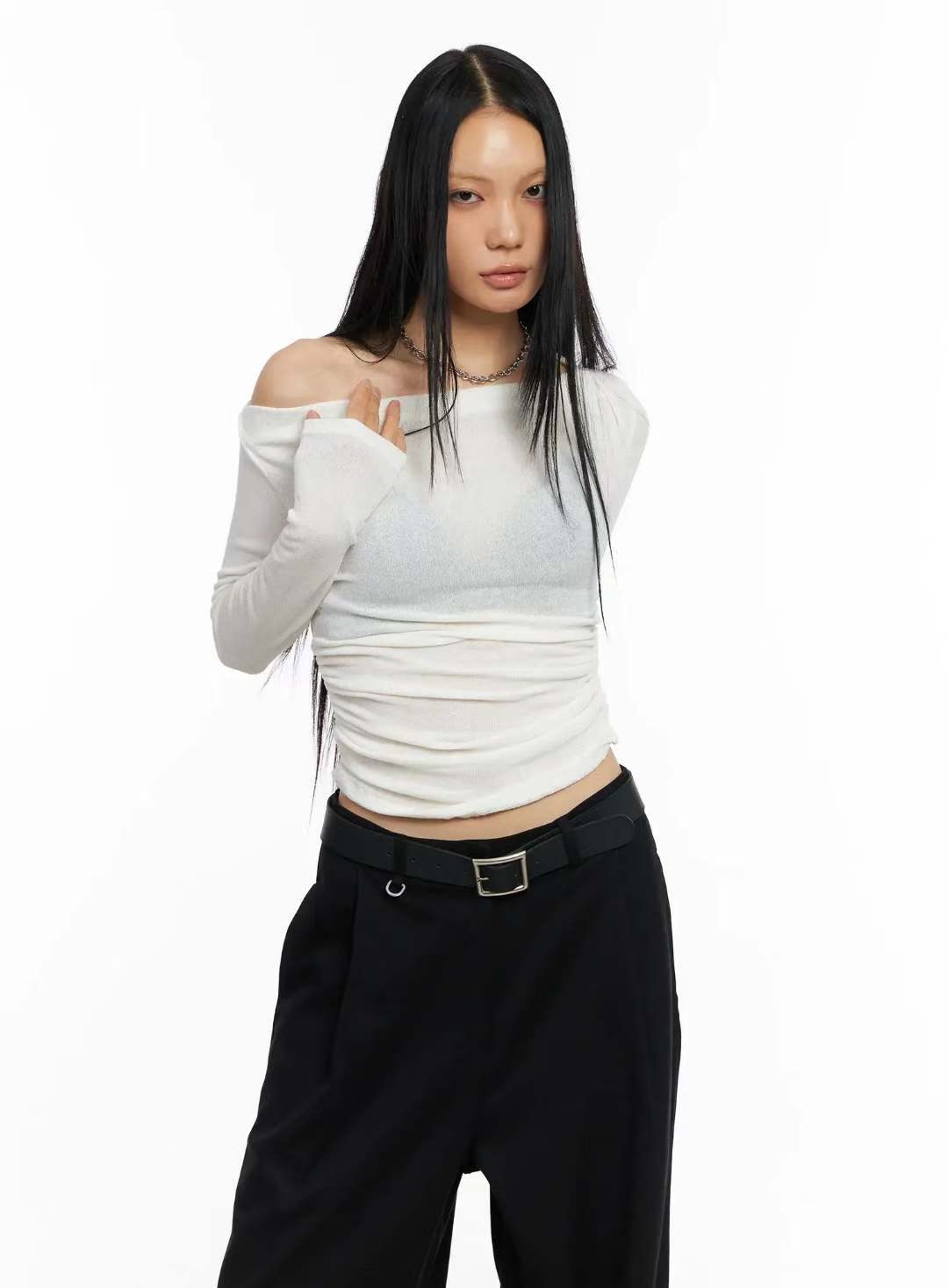 韓國高質收腰透透一字膊top