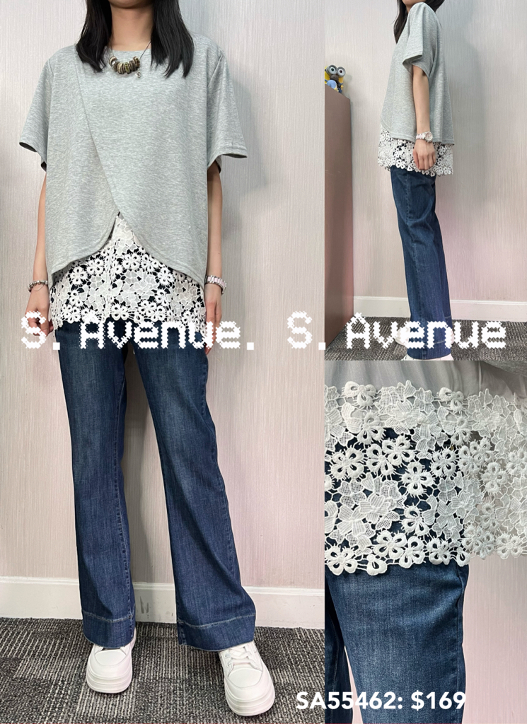 SA55462: 短袖淨色開叉下拼lace tee